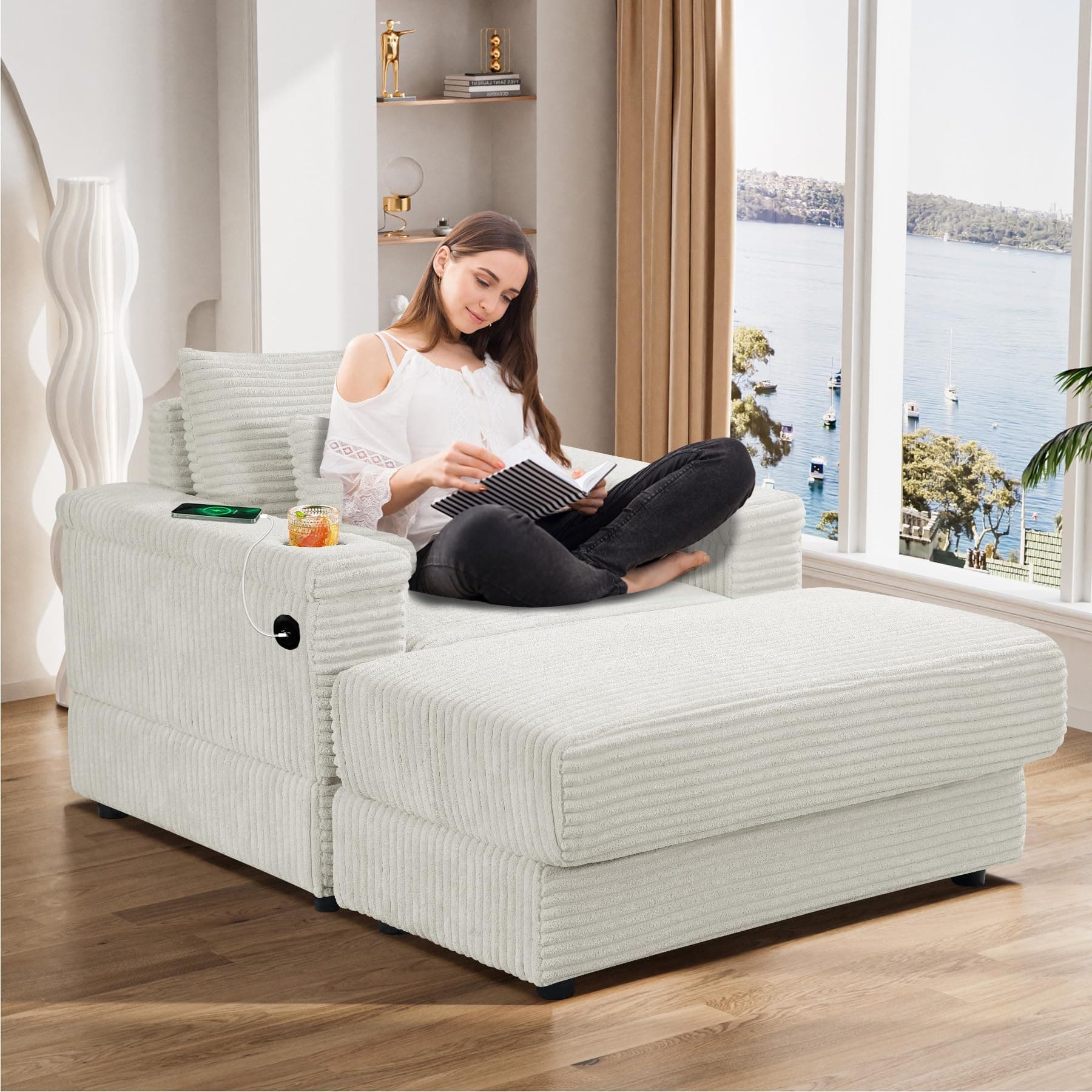 Modern Oversized Chaise Longue Chair with Ottoman for Living Room, Beige White