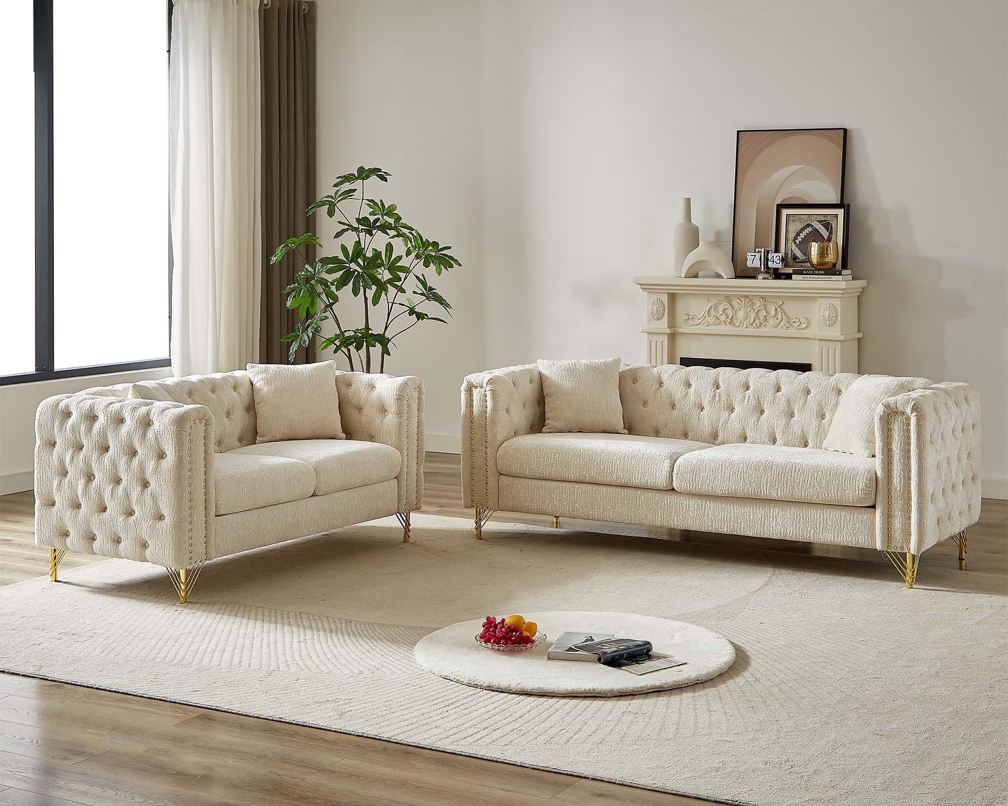 Modern Chenille Living Room Furniture Set with Copper Nail Trim, Beige