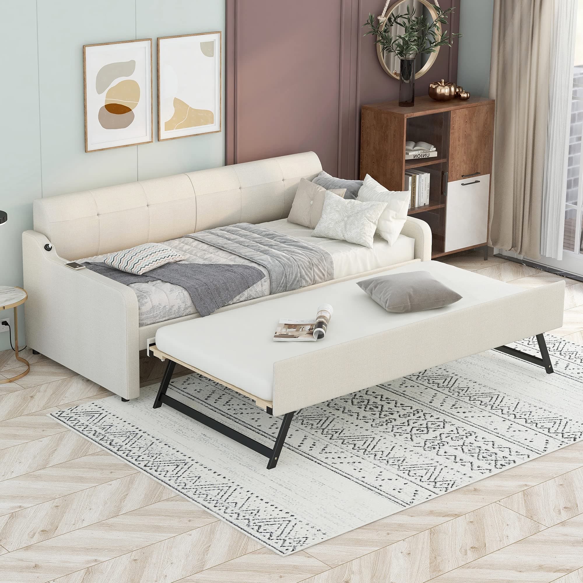 Bellemave Expandable Daybed with Trundle & USB Charging, Beige