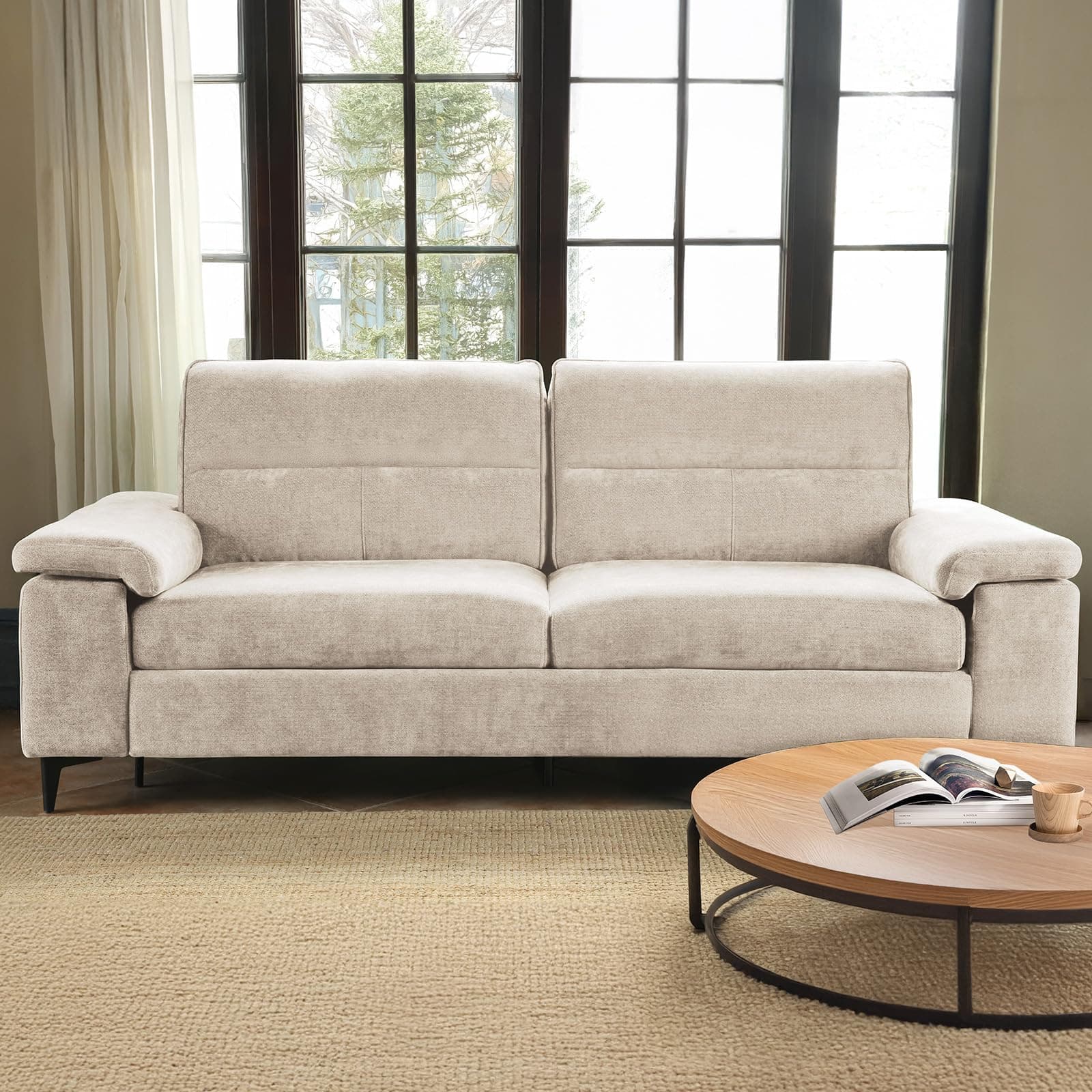 Beige 88.97" Deep Seat Chenille Sleeper Sofa with High Legs