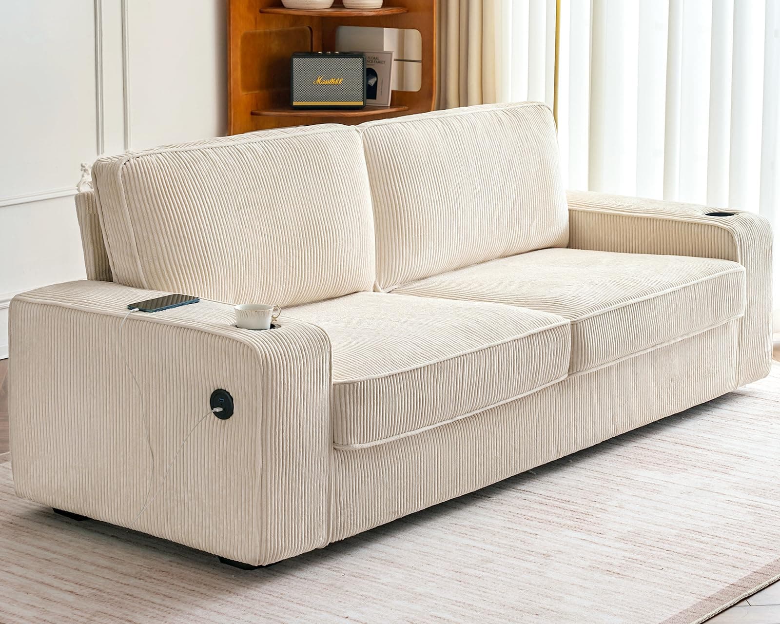 AMERLIFE Beige Corduroy 3 Seater Deep Seat Sofa with USB Ports & Cup Holders