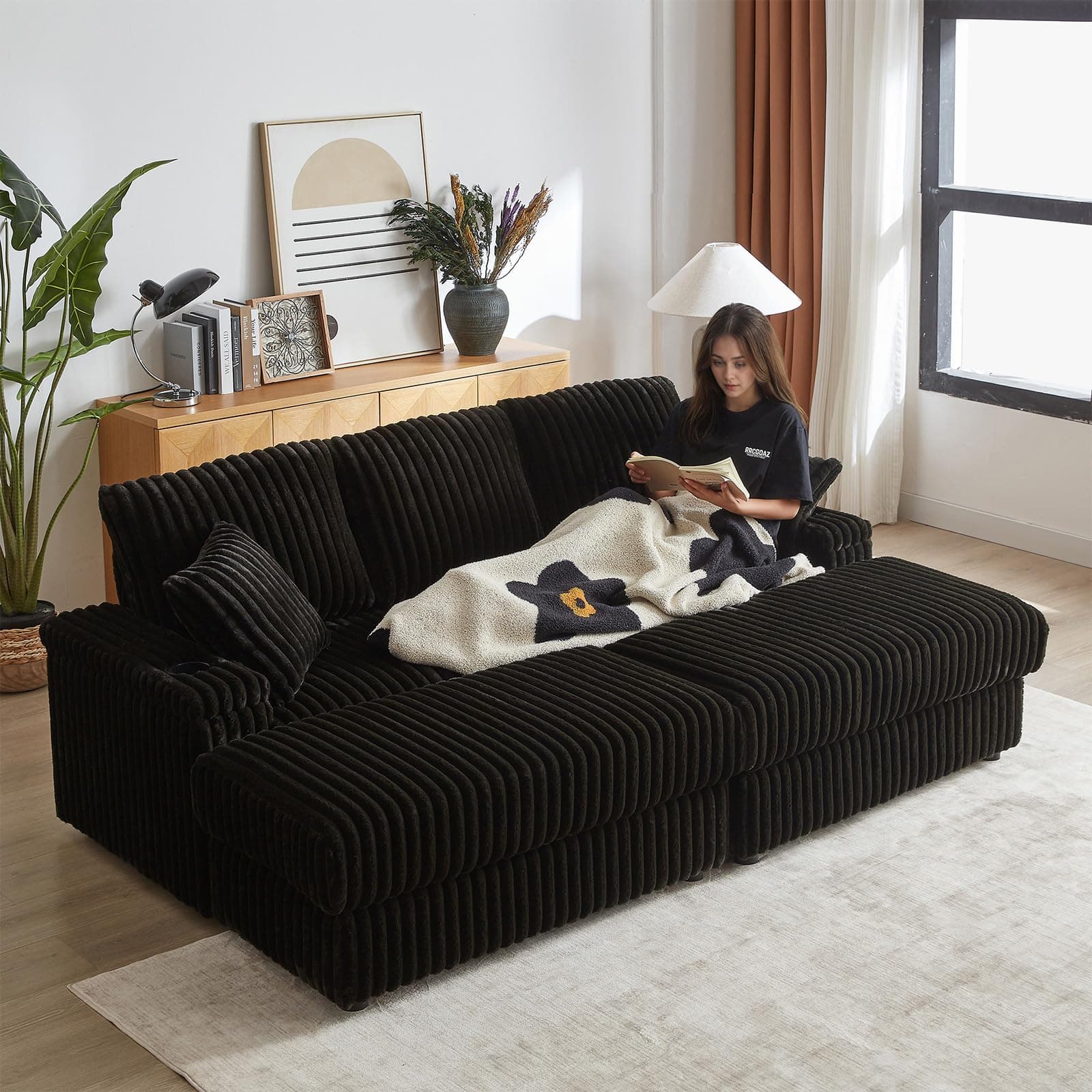 Modern Black Cloud Lounge Sofa with Storage & Cup Holders, 86-inch Deep Seat