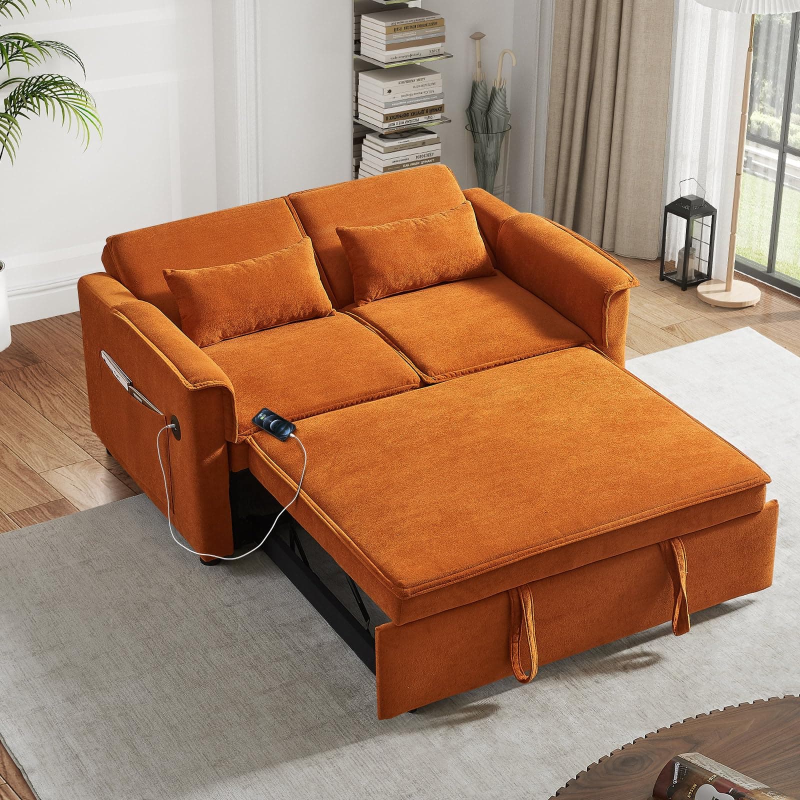 Antetek 3-in-1 Pull-Out Sofa Bed with Velvet Chaise Lounge, USB Charging, Orange