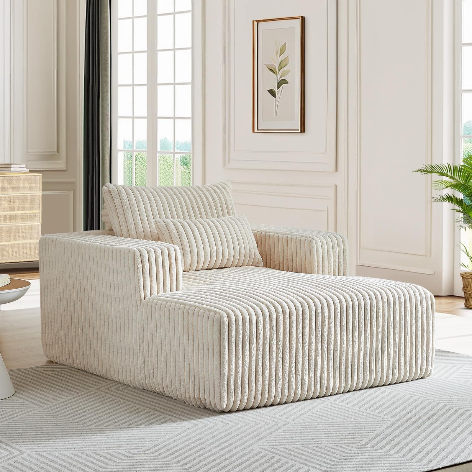 Beige Oversized Chaise Lounge Chair with Armrests & Pillows, Modern Couch for Living Room, Bedroom, Office