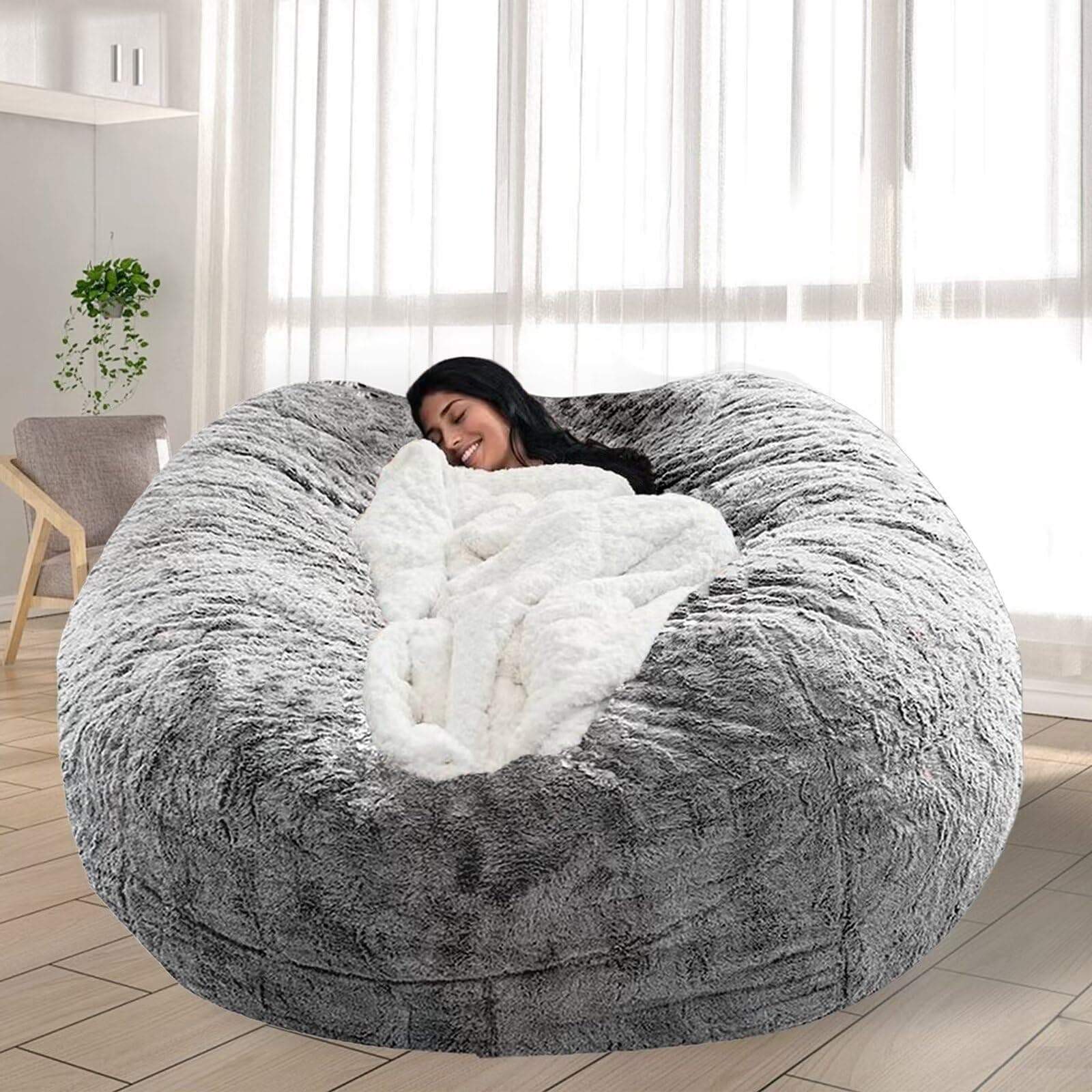 Giant Grey Bean Bag Chair for Adults and Kids, No-Fill, Stuffed Animal Storage