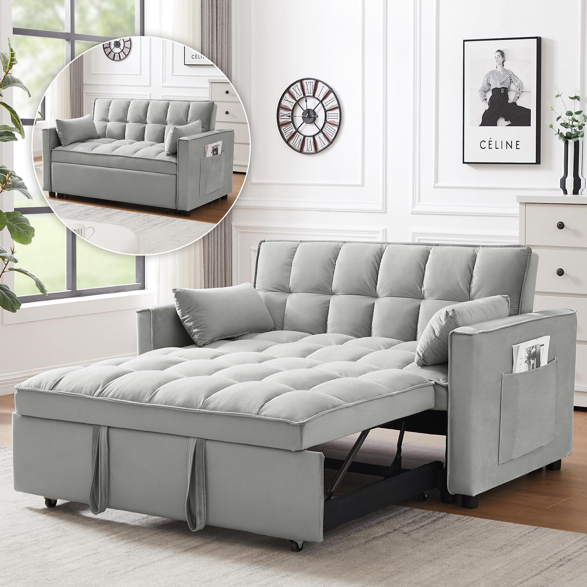 3-in-1 Convertible Sectional Sofa Bed, Grey Velvet | Side Pocket, Adjustable Backrest