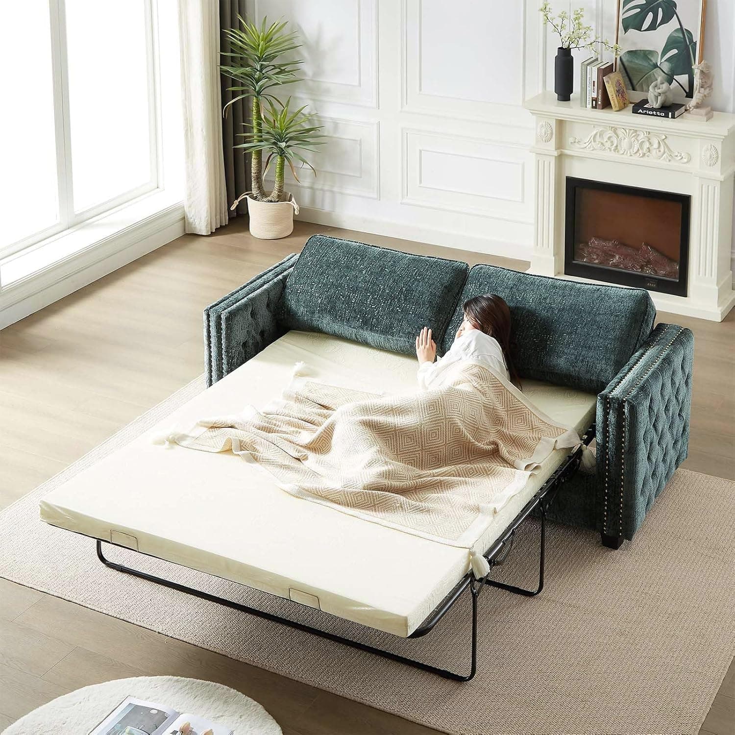 Antetek Green 2-in-1 Queen Size Pull Out Sofa Bed with Memory Foam Mattress