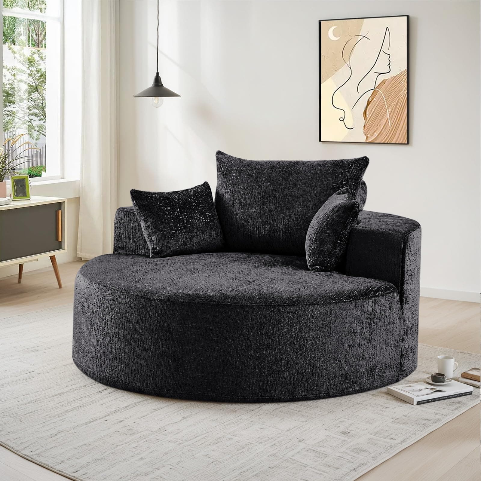 Oversized Round Chenille Deep Seat Chaise Longue Chair, Modern Black for Living Room & Bedroom