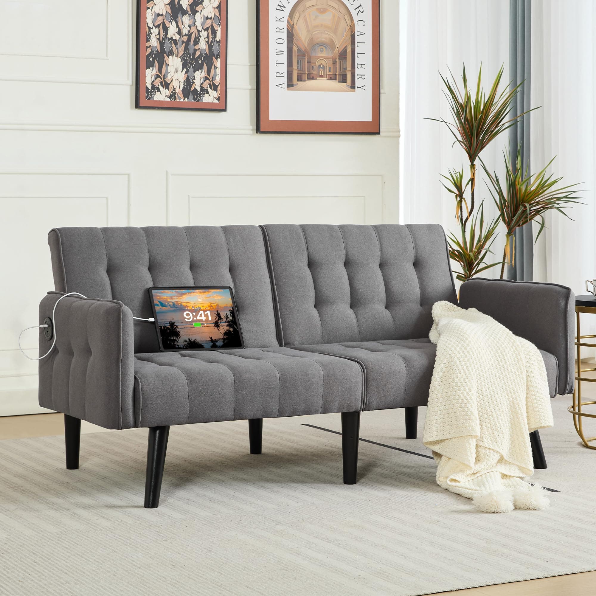 TYBOATLE 65" Convertible Futon Sofa Bed, Grey