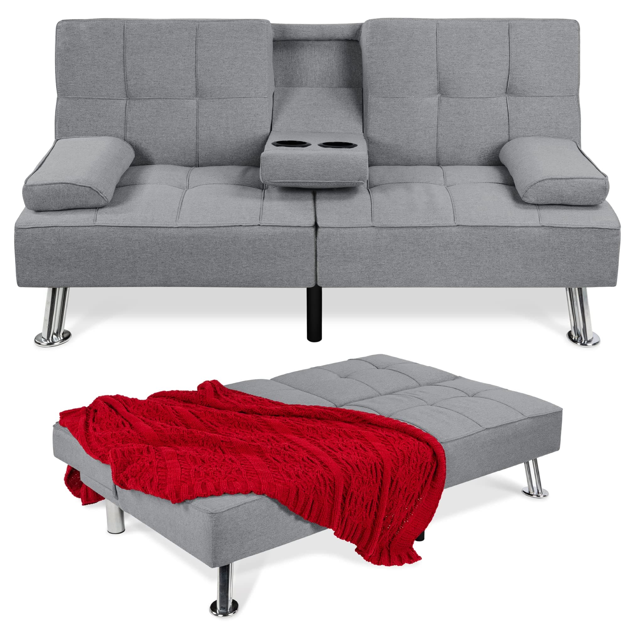 Best Choice Products Gray Linen Modern Folding Futon Reclining Sofa Bed for Apartment/Dorm