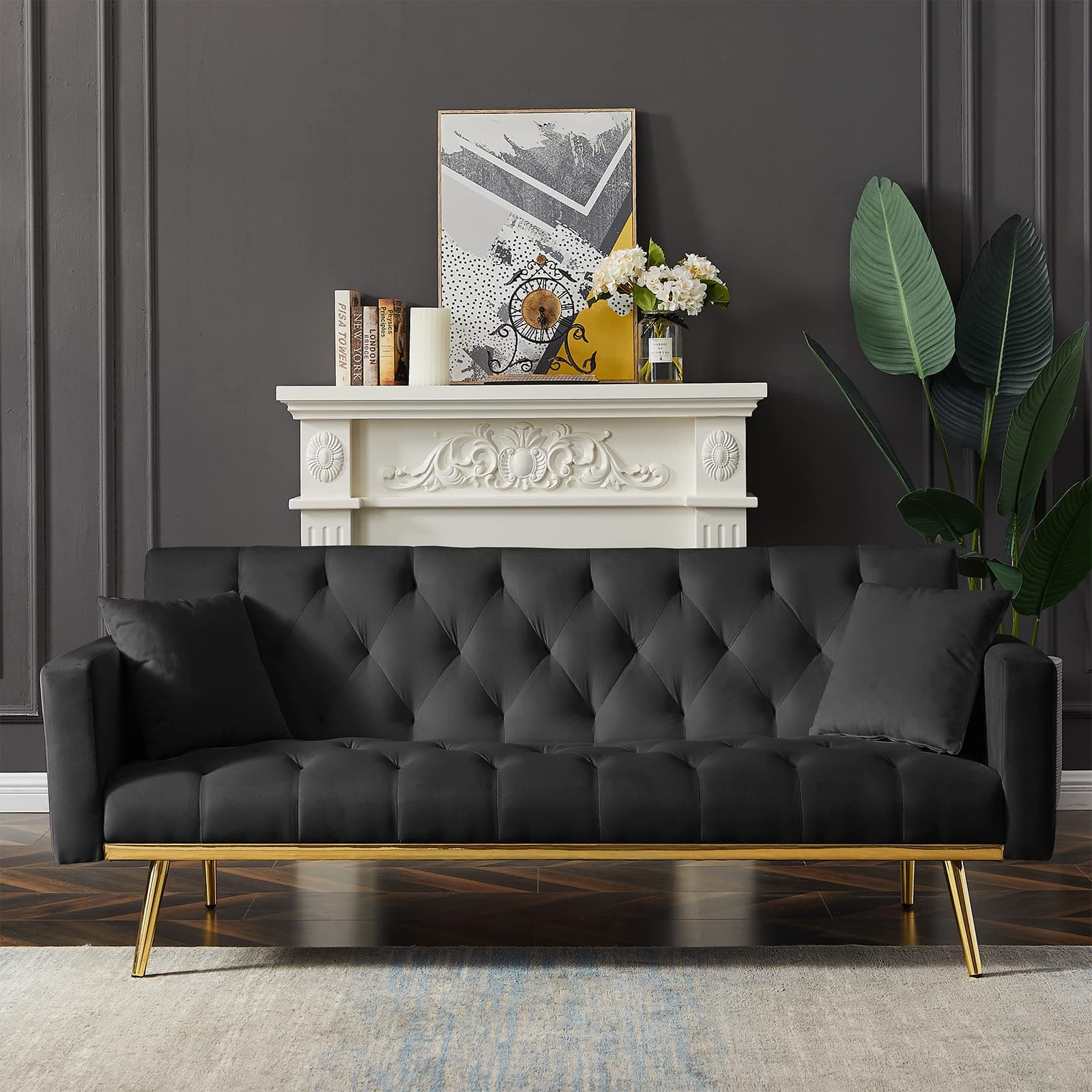 73-inch Reclining Velvet Futon Sofa Bed with 3 Angles, Black Living Room Loveseat