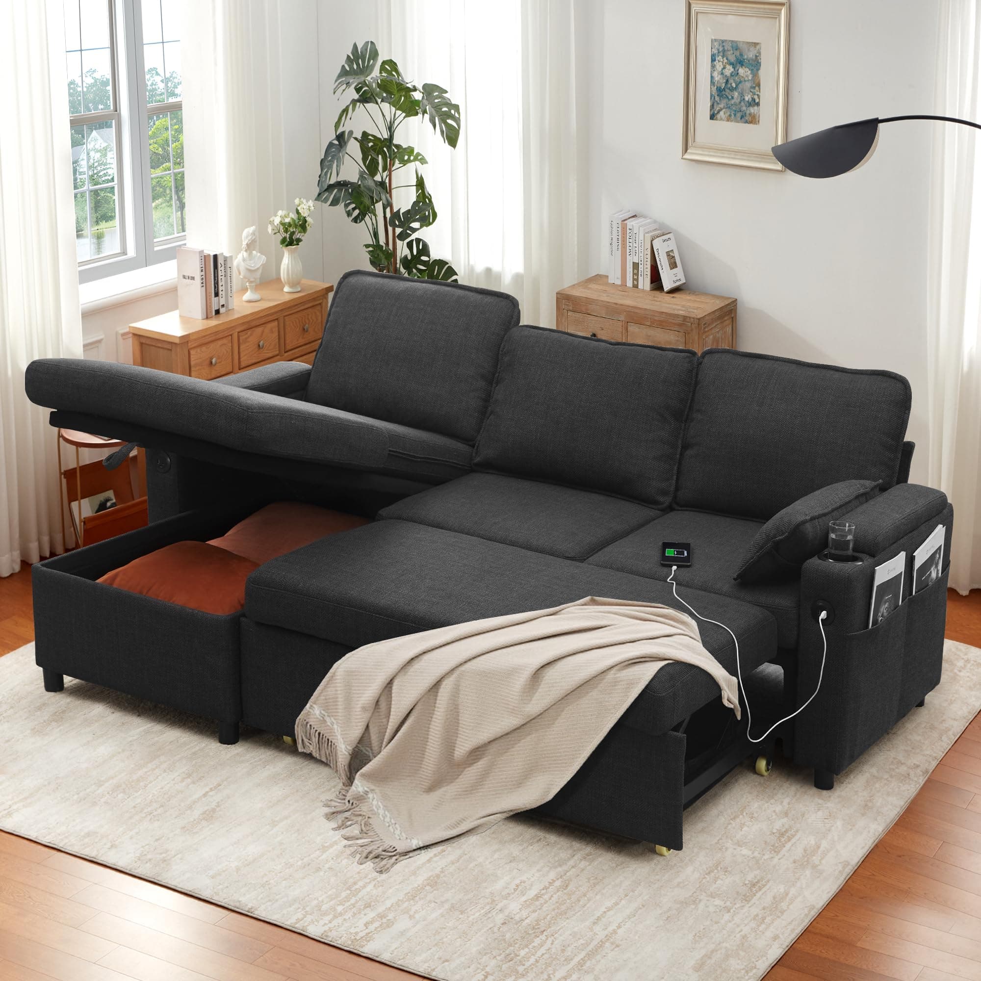 DURASPACE L-Shaped Sleeper Sofa with Storage & USB (Dark Gray)