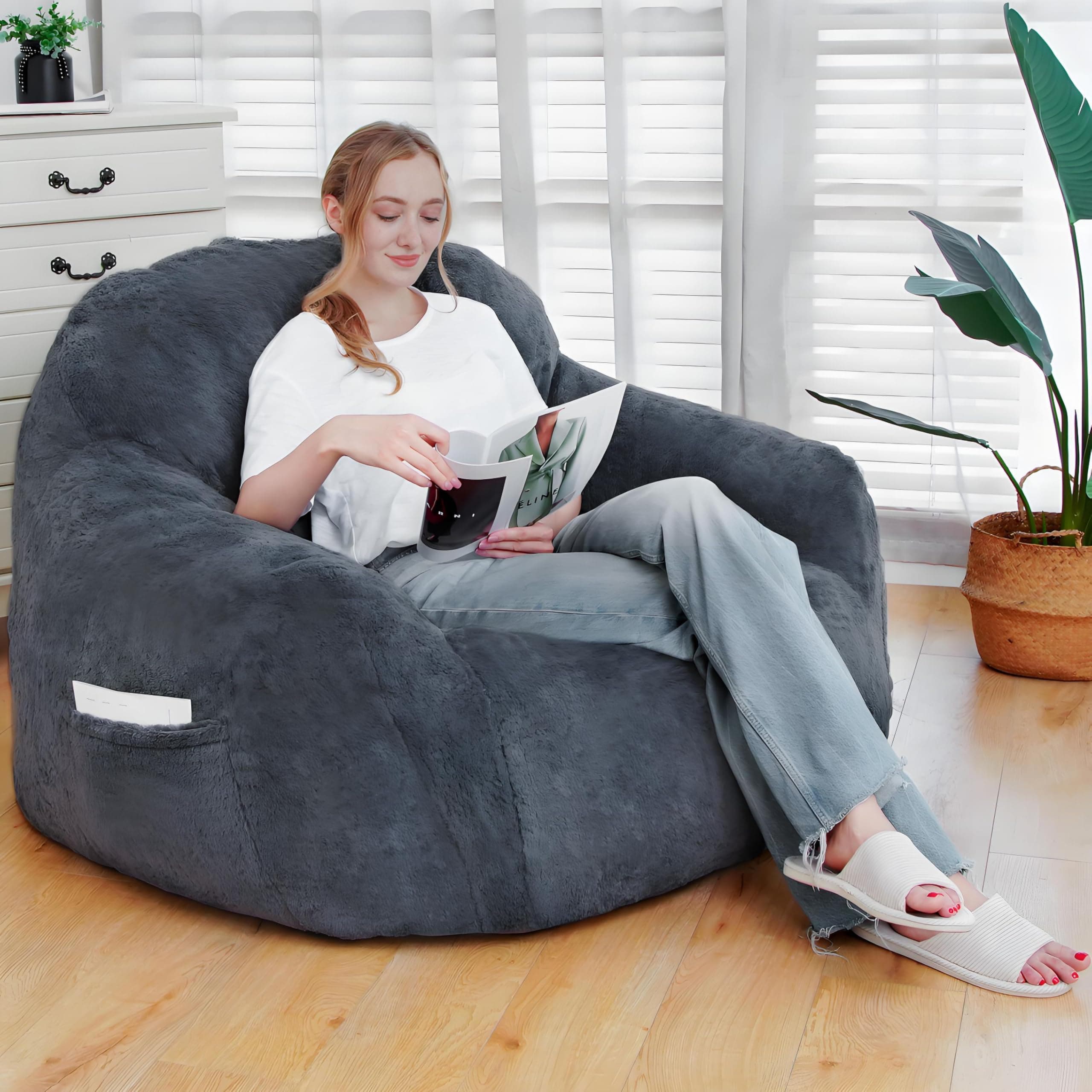 Comfy Giant Bean Bag Chair with Memory Foam for Adults | Gray Bean Bag Sofa for Bedroom, Living Room