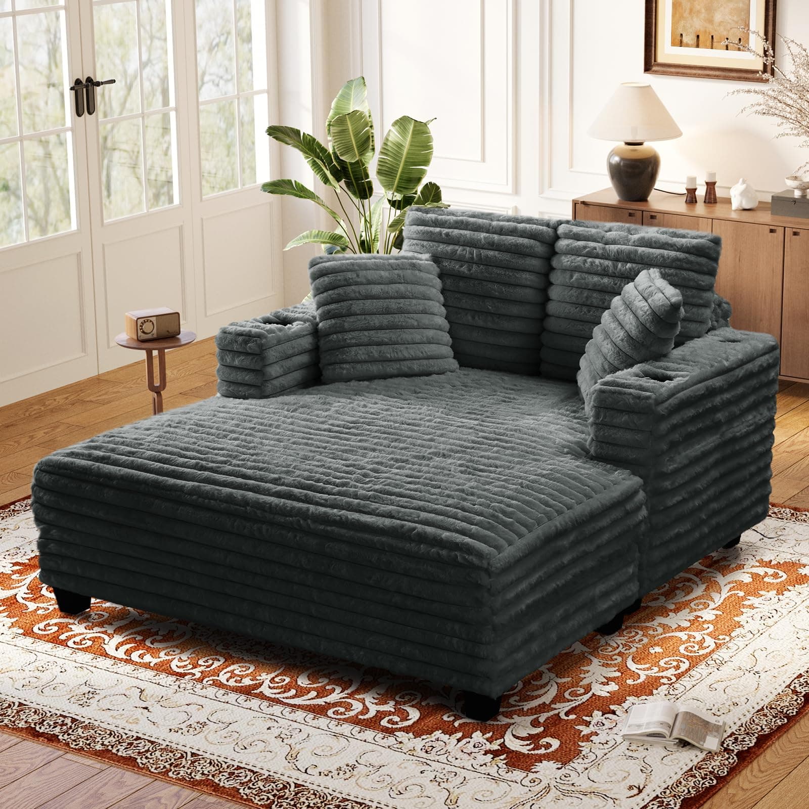 Dark Grey 60" Chaise Lounge Chair Indoor, Fluffy Plush Faux Fur Sleeper Couch Lazy Chair Bed for Living Room, Oversized Comfy Sofa Bed with Pillows & Armrests