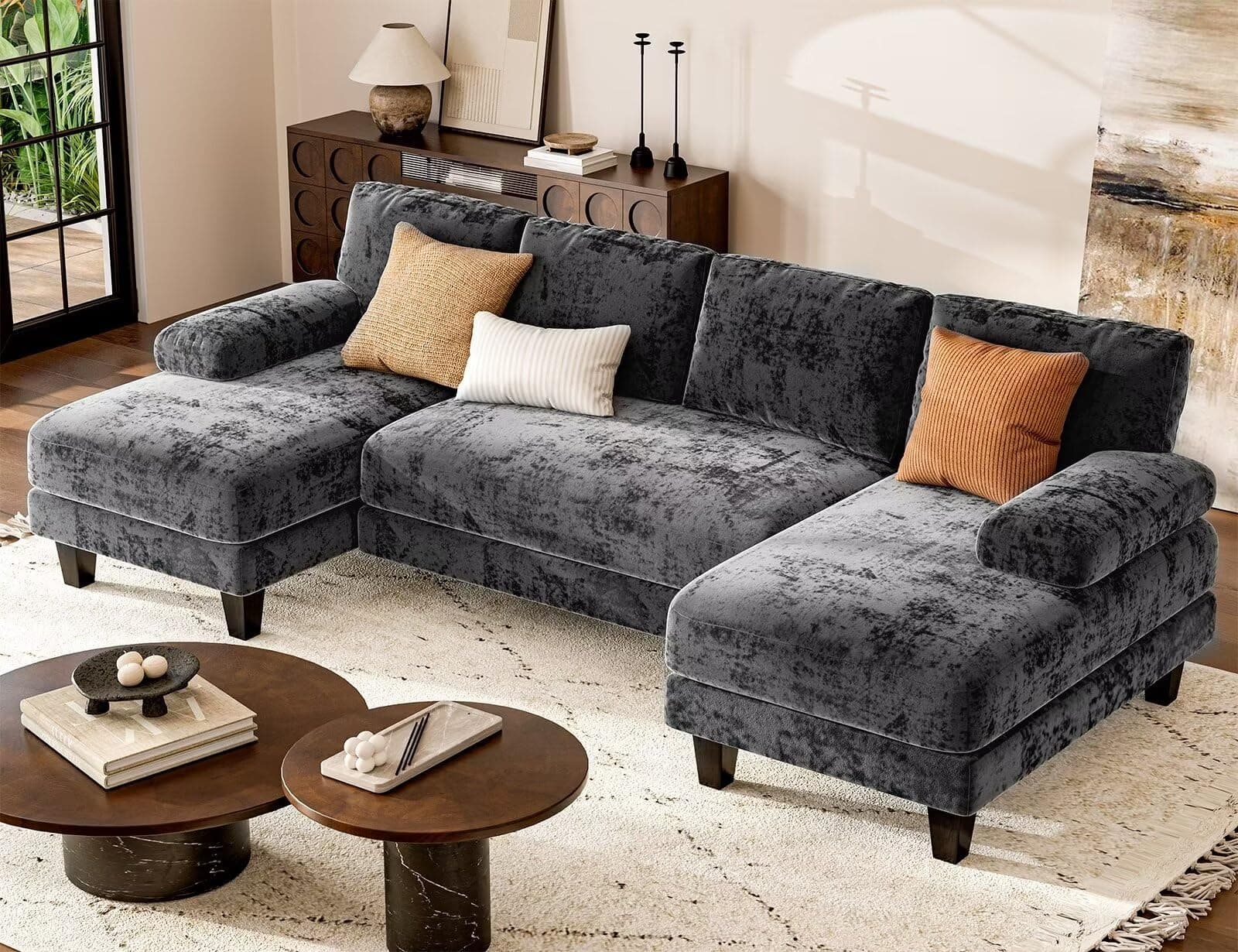 Grey 111 Inch U-Shaped Modular Sofa with Double Chaise for Living Room