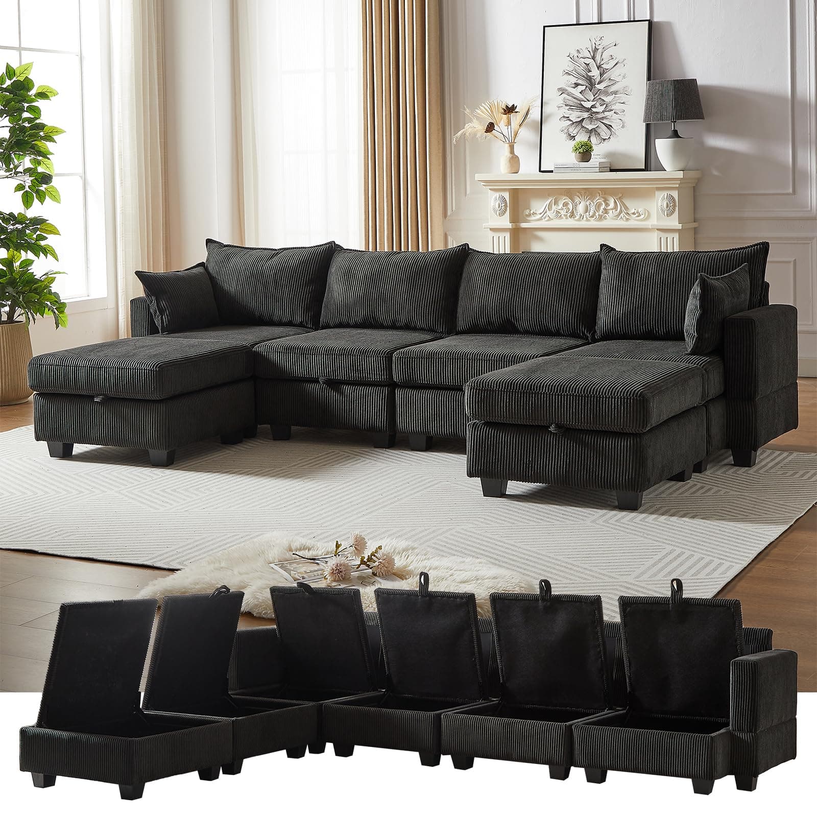 Antetek U-Shaped Sleeper Sofa Bed with Storage Ottoman, 6-Seat Corduroy Couch
