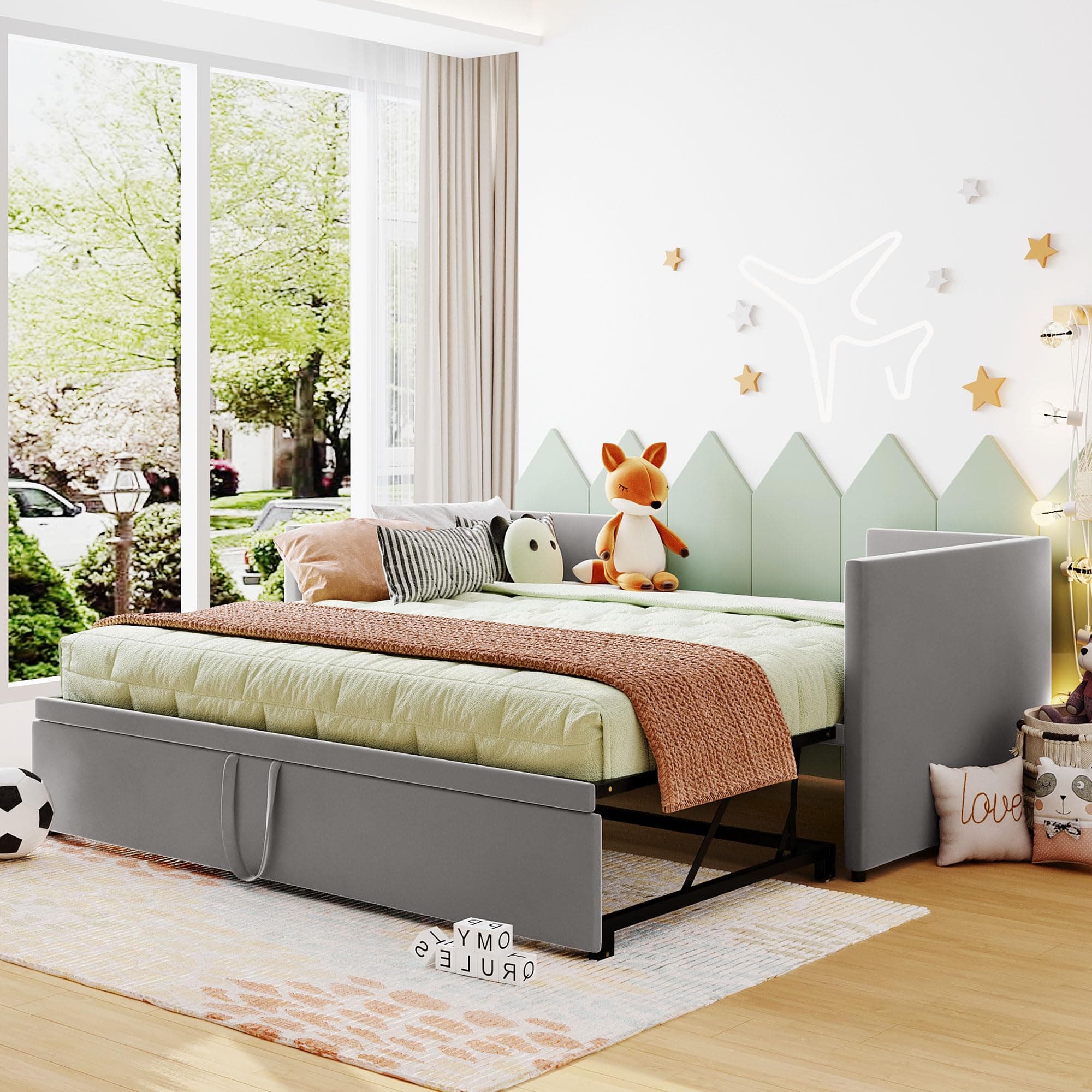 Harper & Bright Designs Grey Tufted Wood Slat Twin Daybed with Extendable Trundle