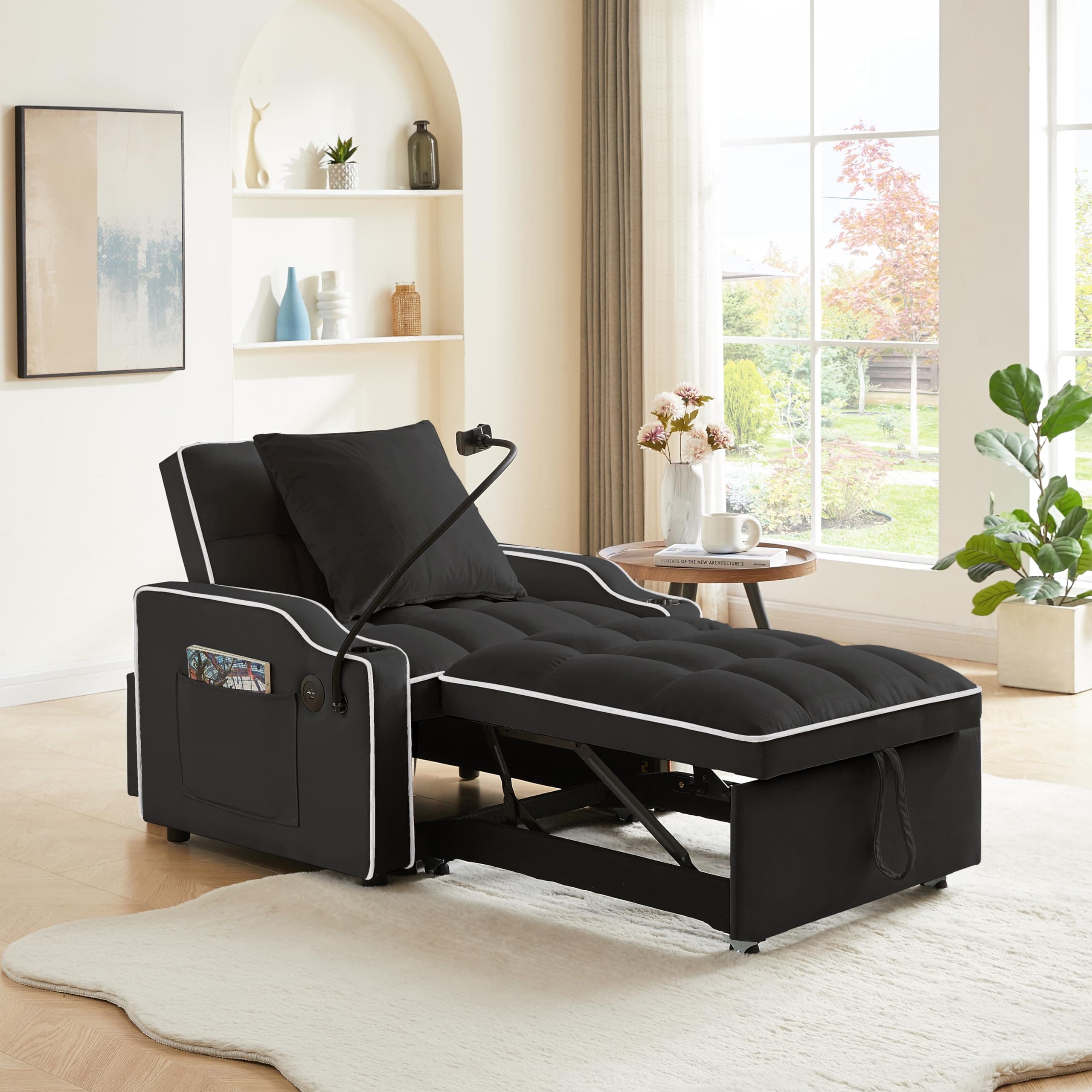 Convertible Sleeper Sofa Chair with USB and Cup Holders - Velvet Daybed for Guests