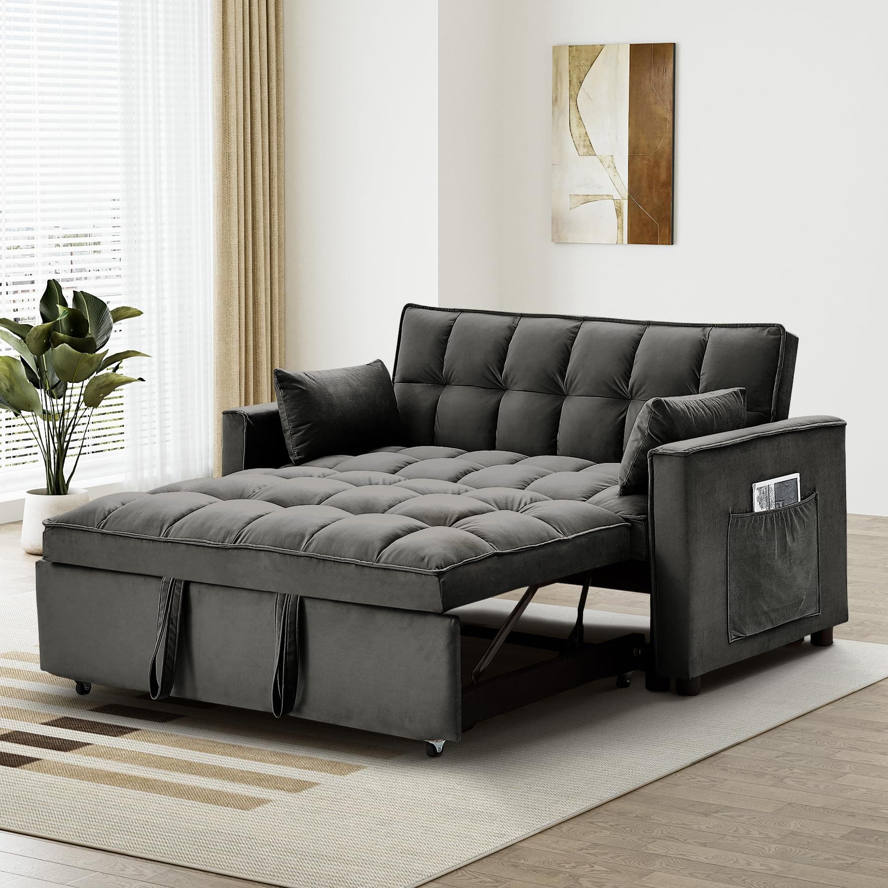 Dark Grey Velvet 3-in-1 Sleeper Sofa Bed with Adjustable Backrest and Storage Pockets