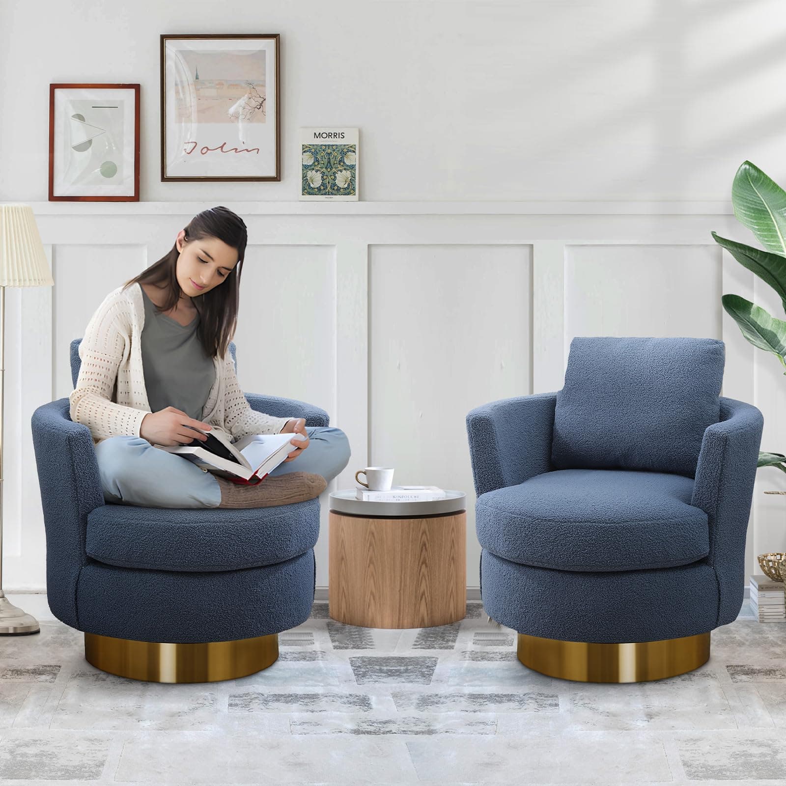 Antetek 2-Pack Swivel Barrel Chair, Blue, Living Room Accent Chair