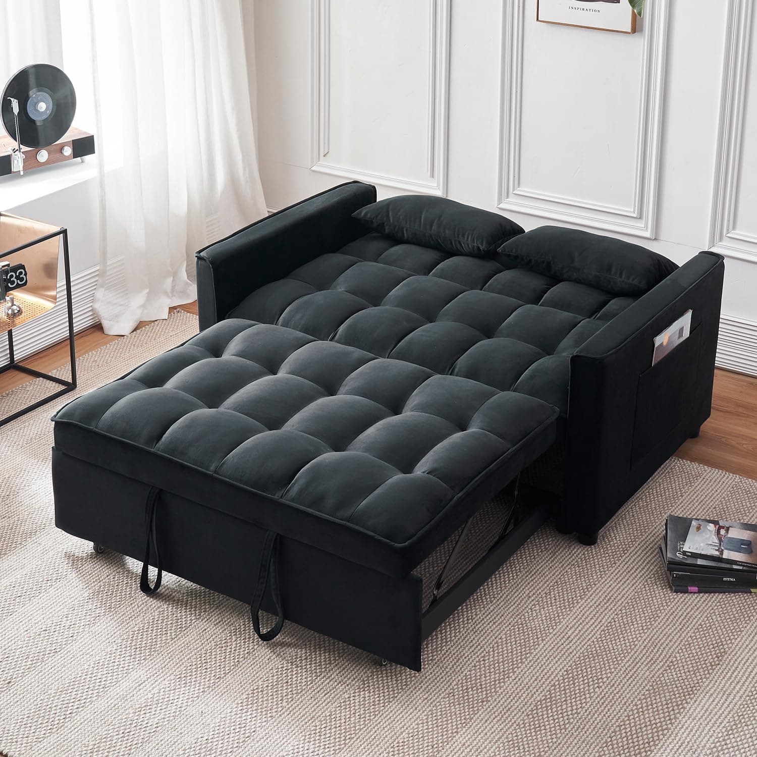 Black Velvet Futon Sofa Bed with Adjustable Backrest and Storage (Living/Bedroom)