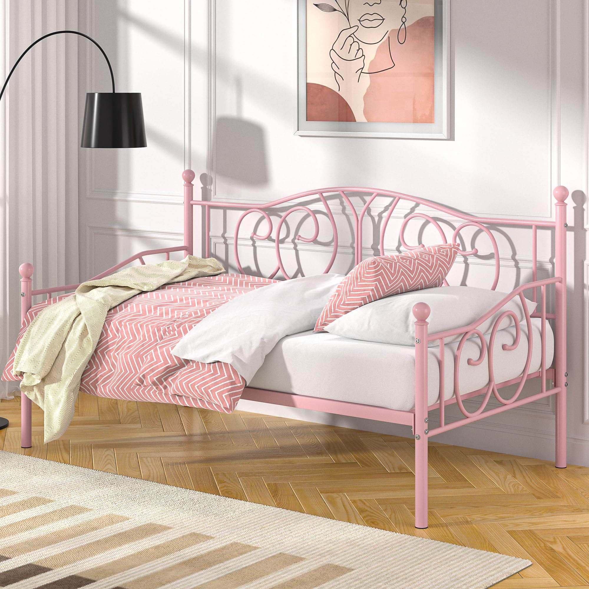 VECELO Pink Twin Multifunctional Metal Daybed Mattress Frame