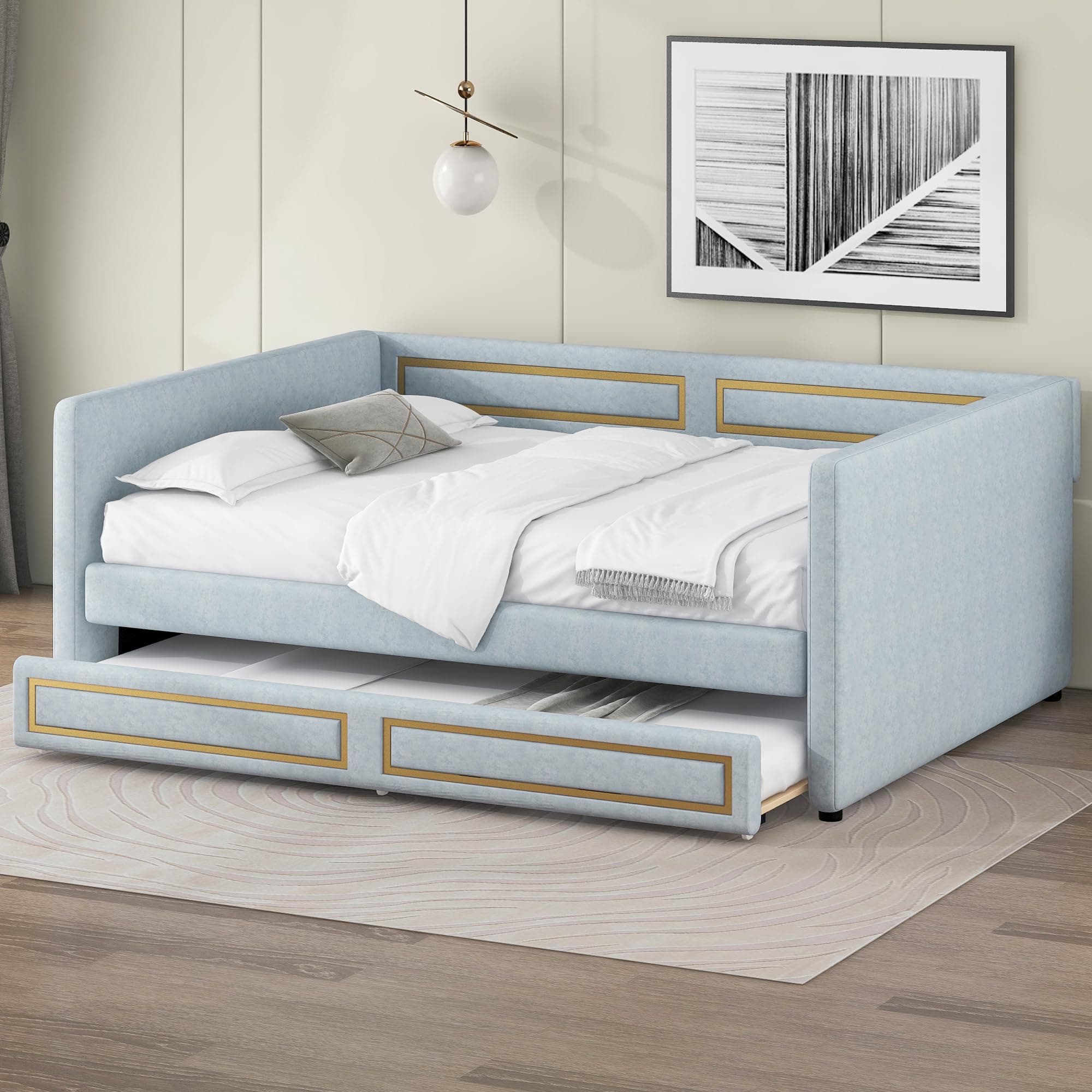 Modern Full Size Upholstered Bed with Backrest & Trundle, Blue