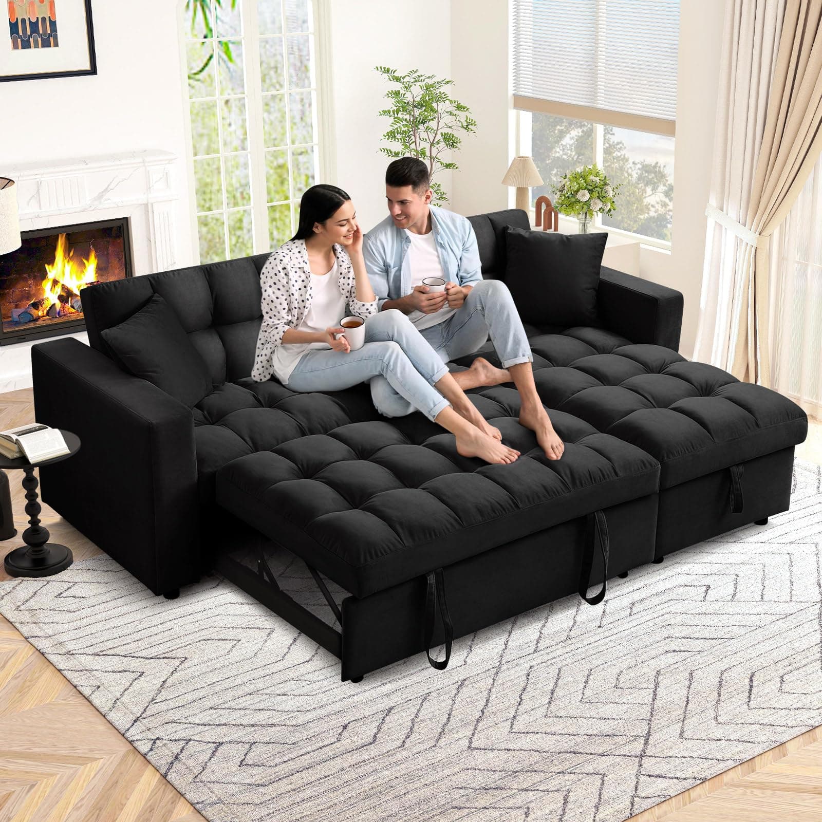 82-inch Black L-Shaped Velvet Tufted Sectional Sleeper Sofa