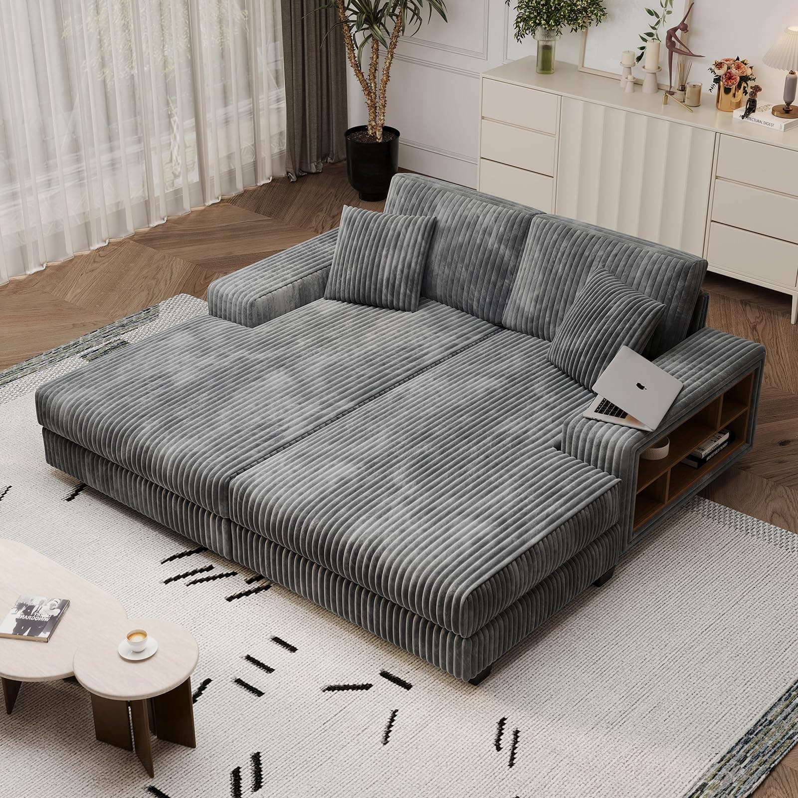 Oversized Modern Grey Corduroy Chaise Lounge Sleeper Couch with Storage Armrests