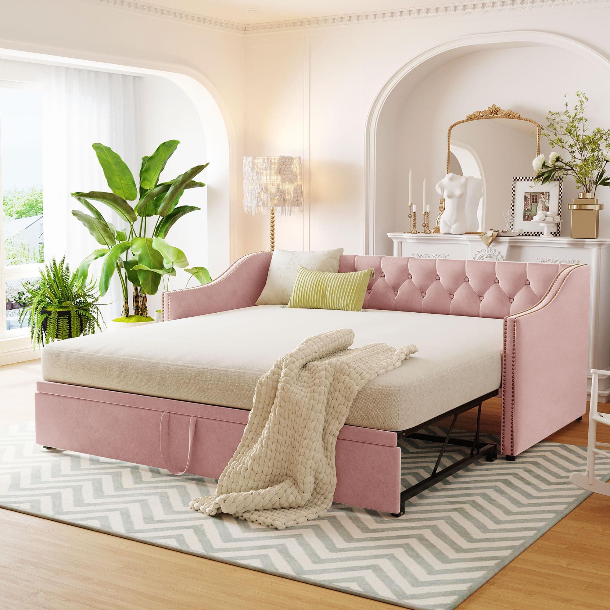 Extendable Velvet Upholstered Daybed with Pop-Up Trundle, Pink Bed Frame (Twin to King)