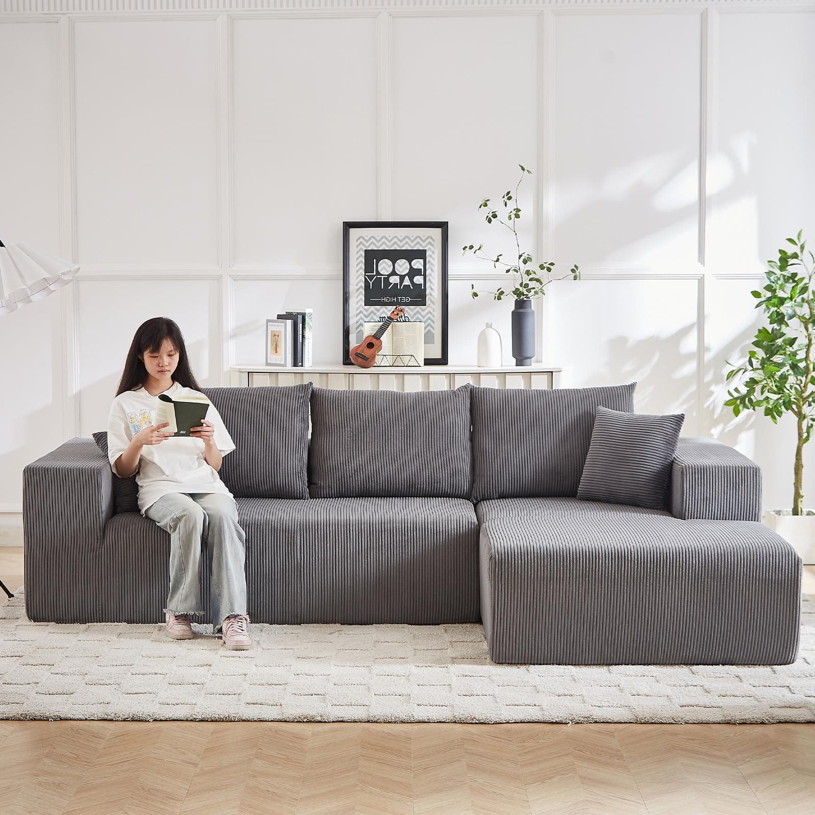 3 Seater Grey L Shaped Modular Sofa with Chaise & 5 Pillows for Living Room