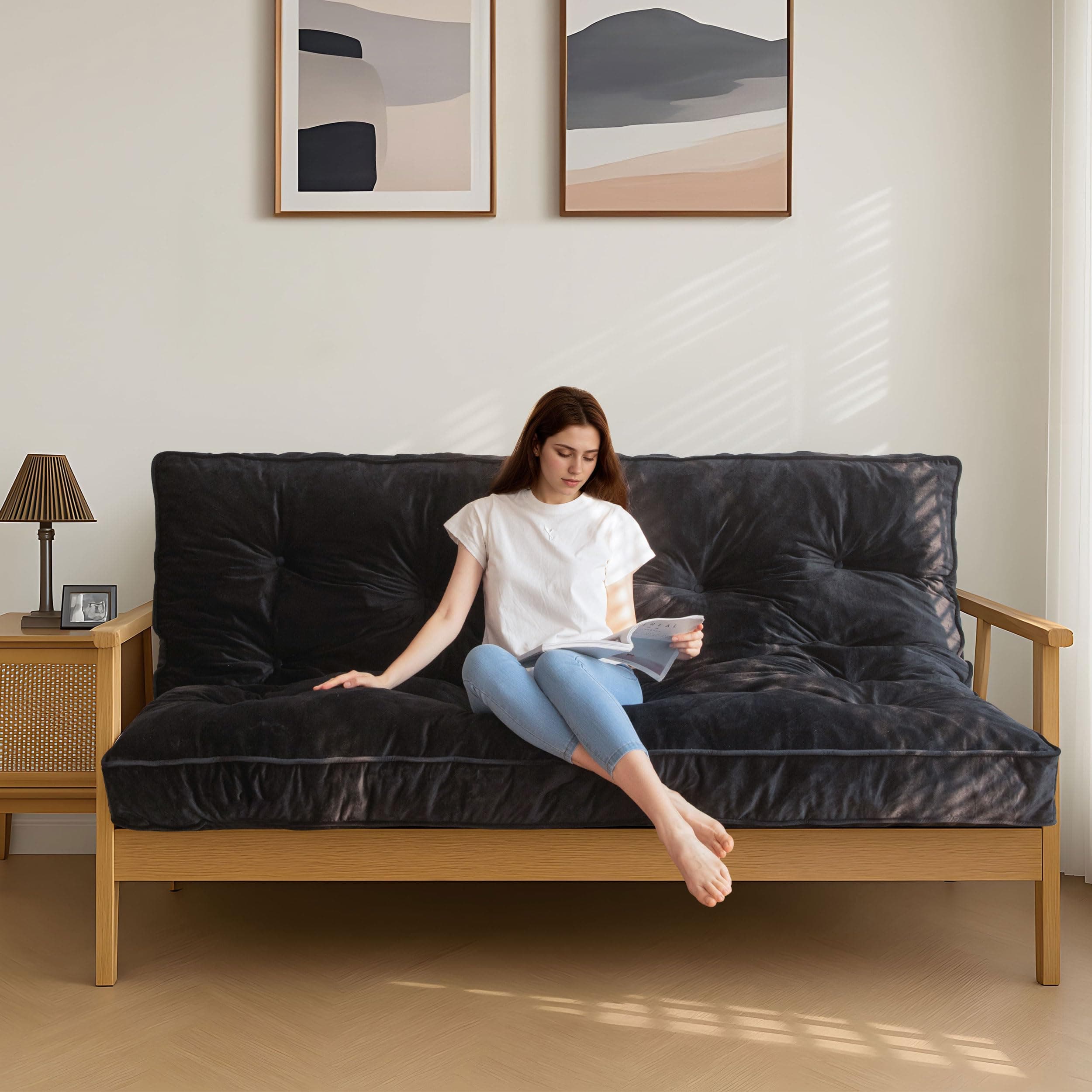 MAXYOYO Full Size Velvet Futon Mattress, Shredded Foam Filling, Black