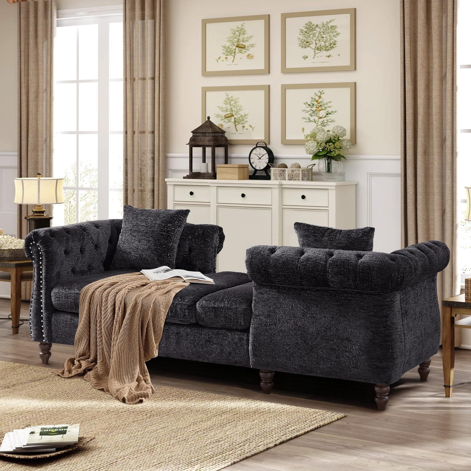 Antetek Mid Century Modern Face-to-Face Loveseat Sofa Bed, Black