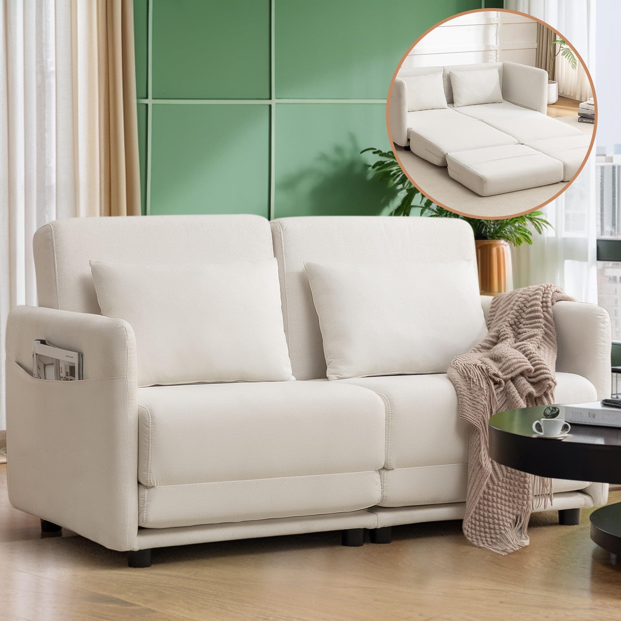 56.3" W x 74.8" D Full Size Pull Out Sofa, White Sleeper with Side Pockets