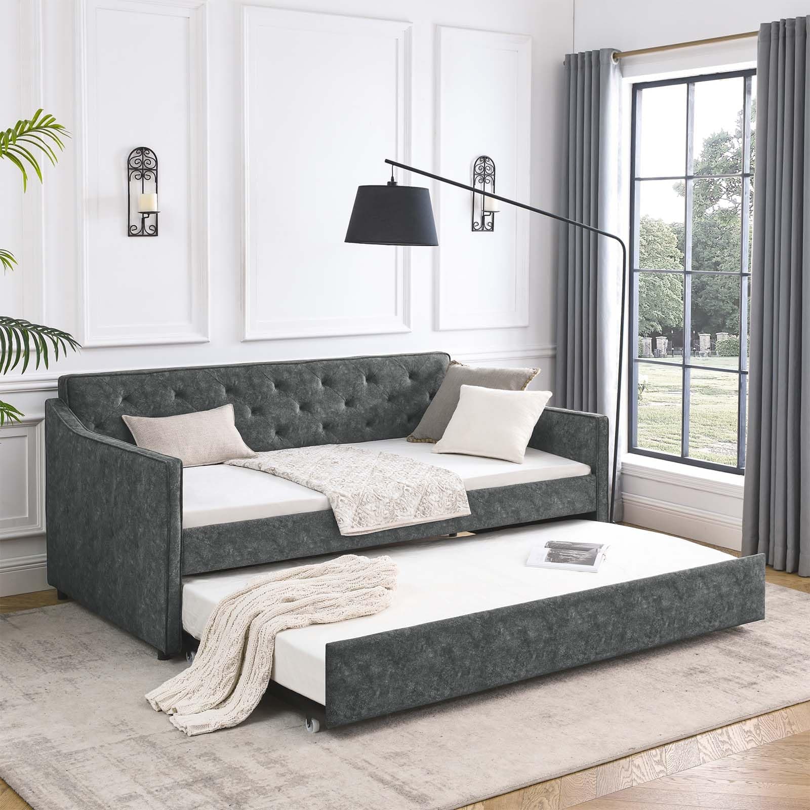 Antetek Twin Size Daybed with Trundle – Grey Fabric Sofa Frame, No Box Spring Needed for Bedroom, Living Room, Guest Room
