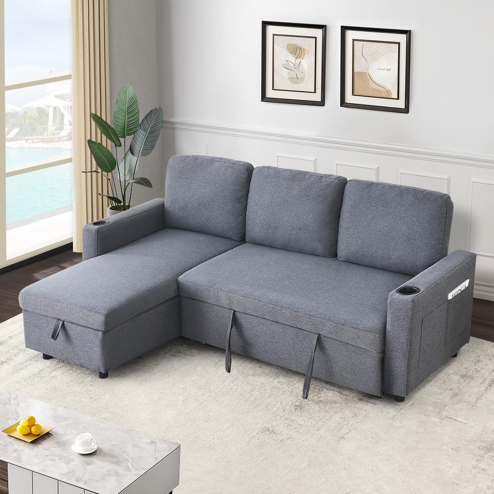 Antetek Reversible L-Shaped Sleeper Sofa Bed, Dark Grey