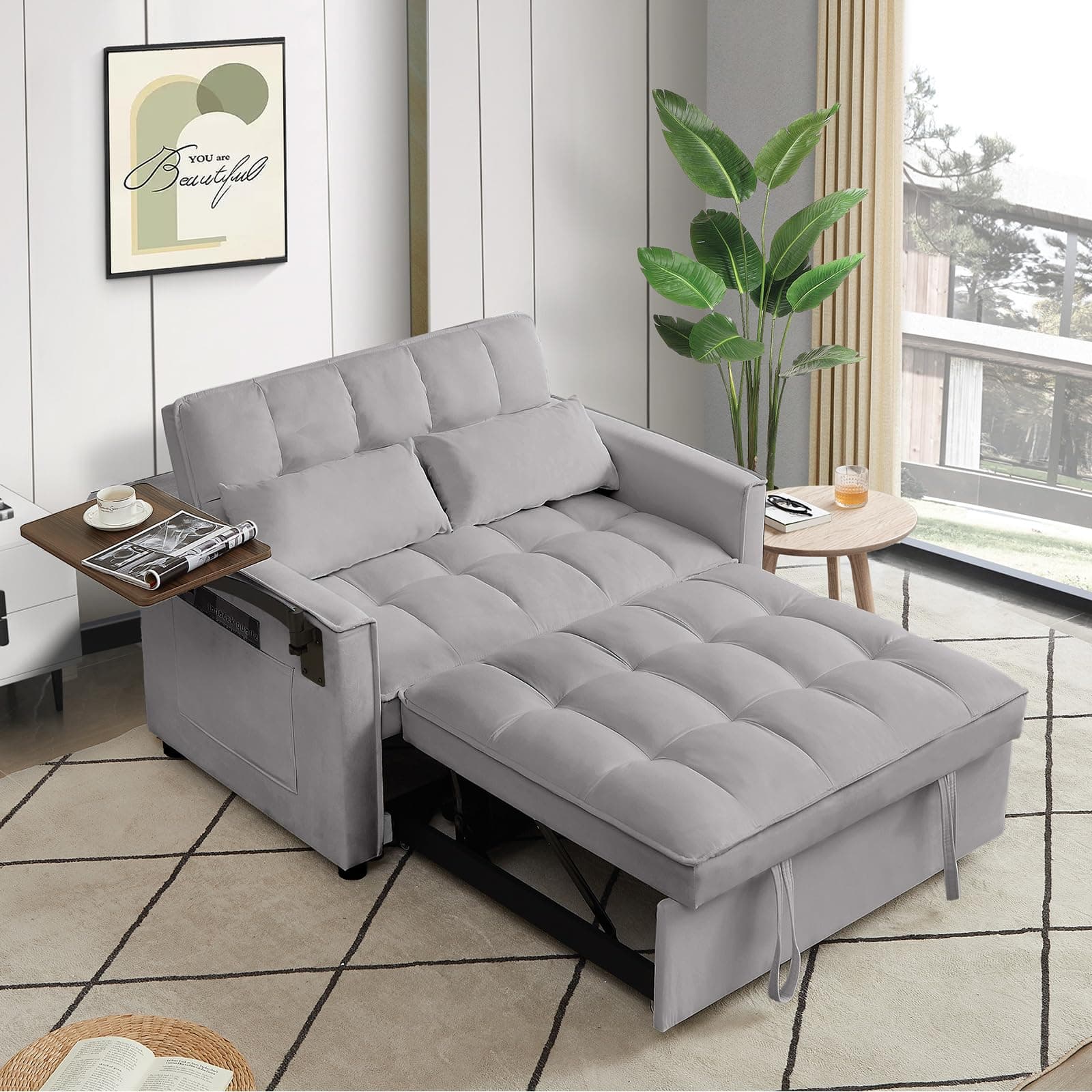 Antetek 3-in-1 Convertible Sofa Bed with Rotating Side Table - 47 Modern Velvet Loveseat for Small Spaces in Living Room, Apartment, or Office, Grey
