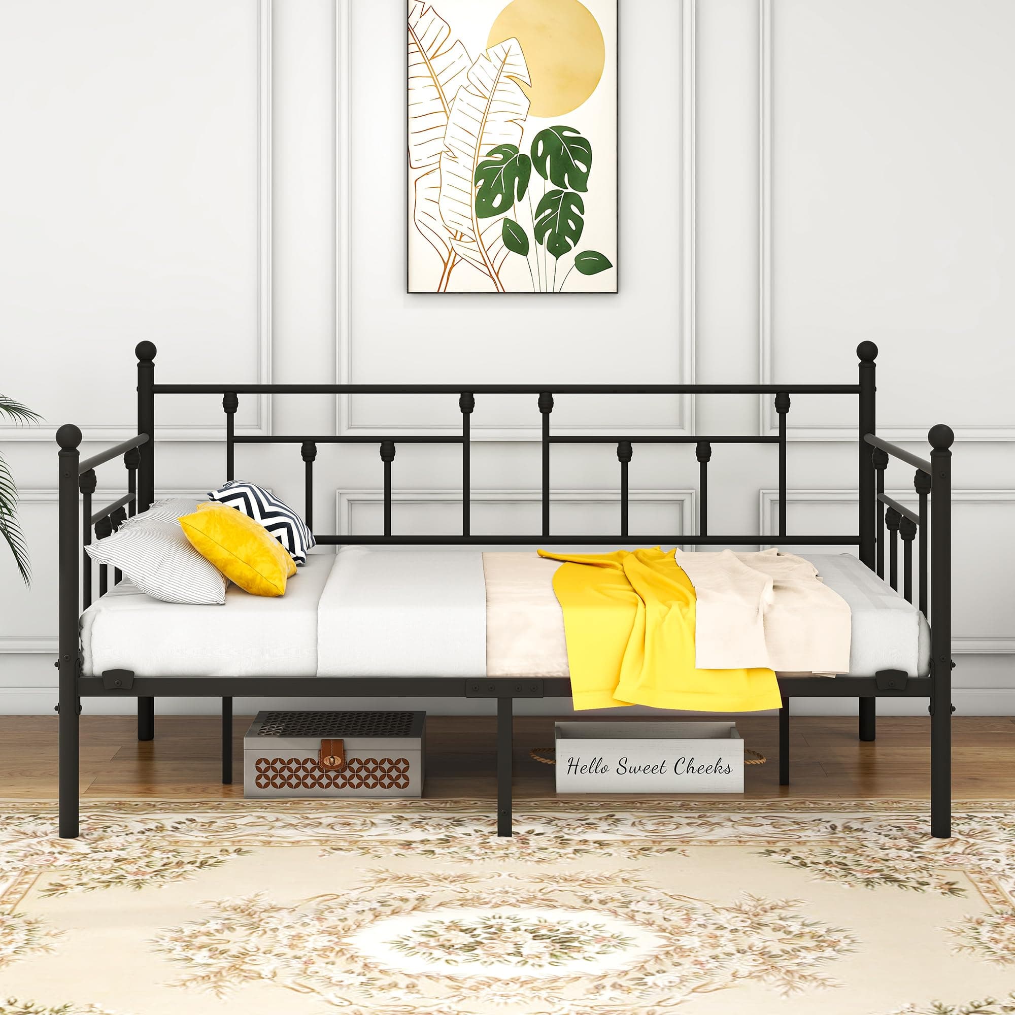 Black Metal Daybed Frame with Steel Slats, Twin Size Mattress Base
