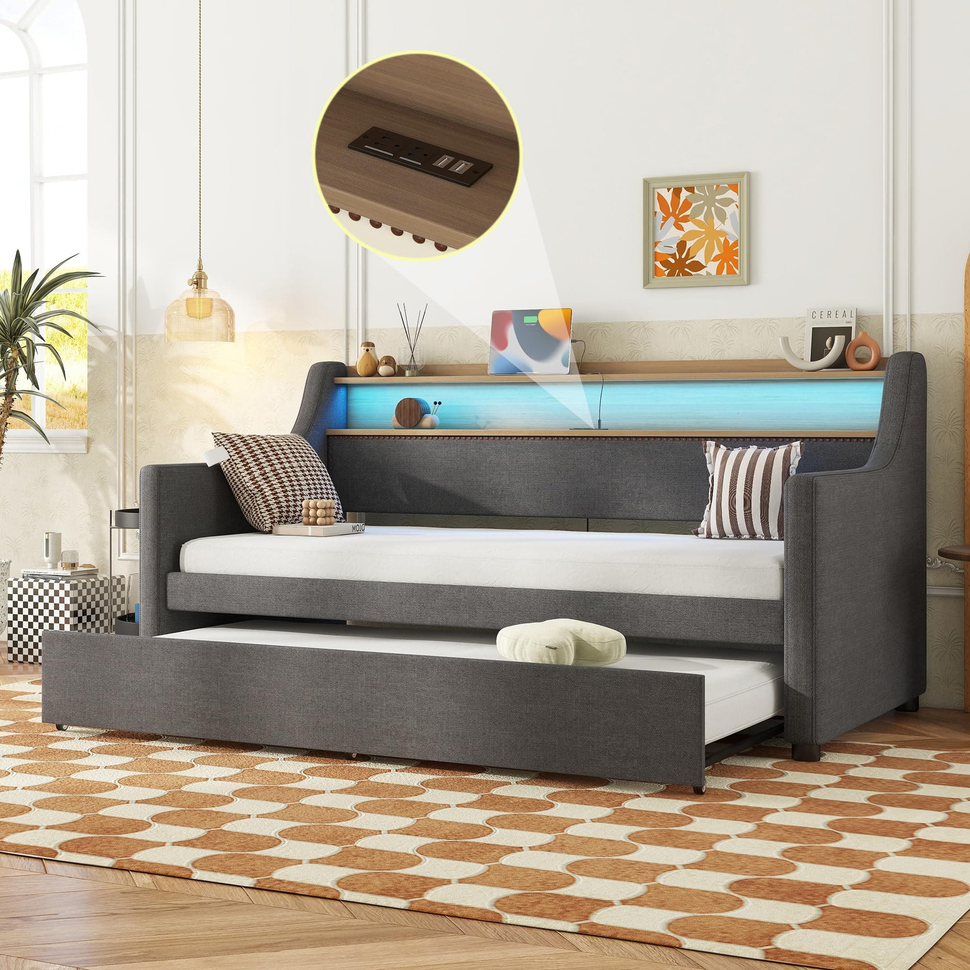 TwinSize Daybed with Charging Station & LED Lights, Gary's Slat Support Snooze Sofa
