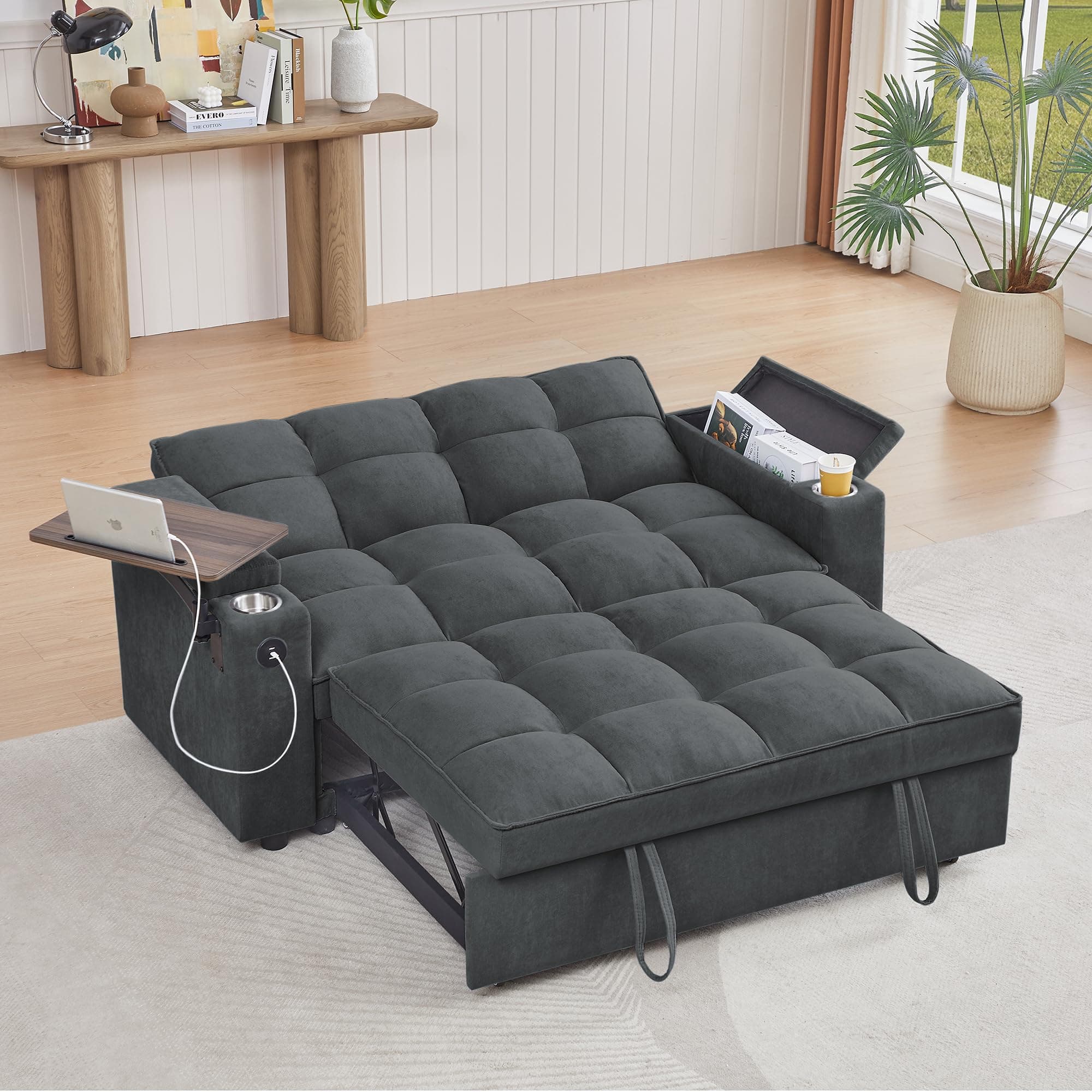 65" 3-in-1 Folding Sofa Bed, Chenille Fabric, 360° Swivel Table, Grey