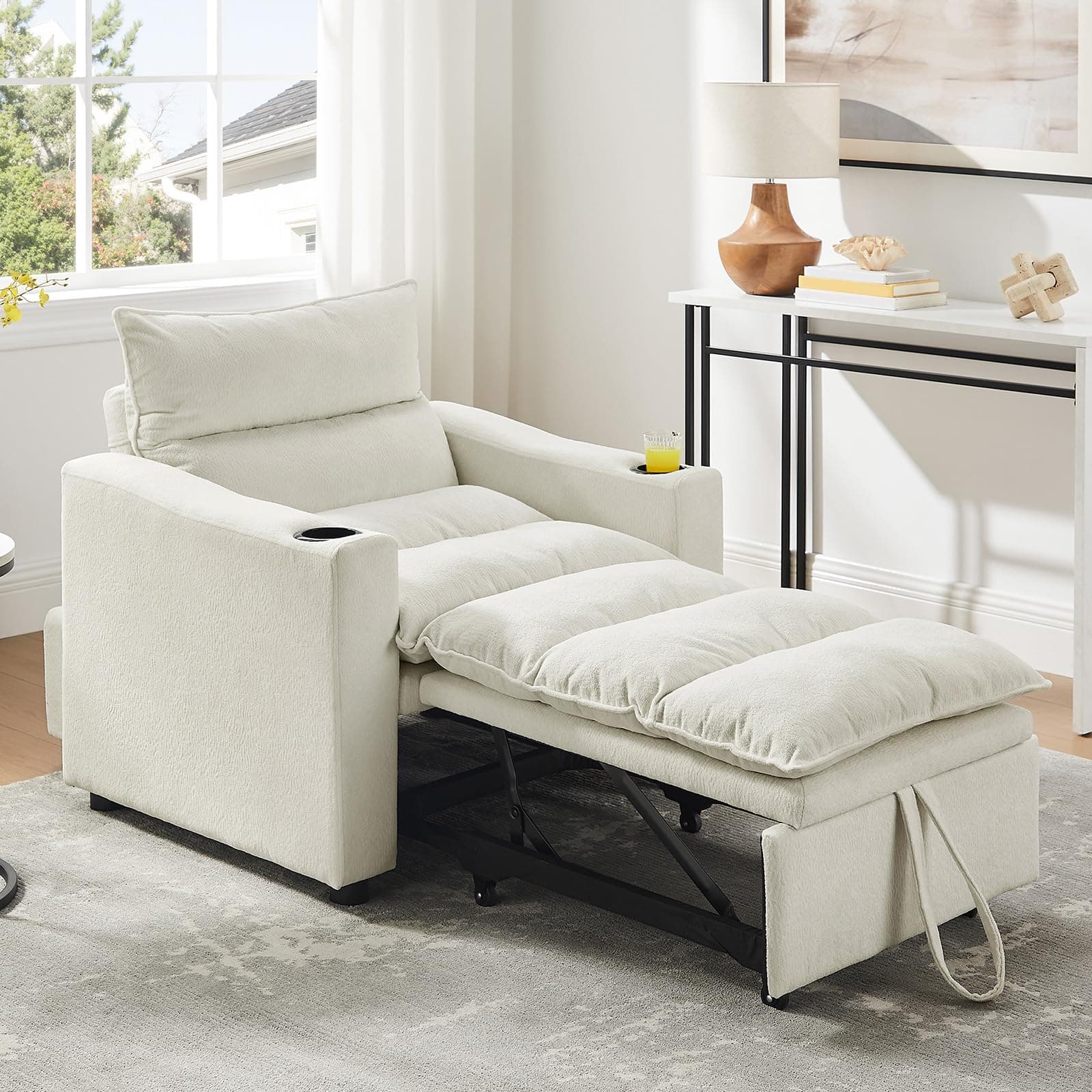 Beige 36-Inch 3-in-1 Pull Out Couch Sofa Bed with Velvet Backrest