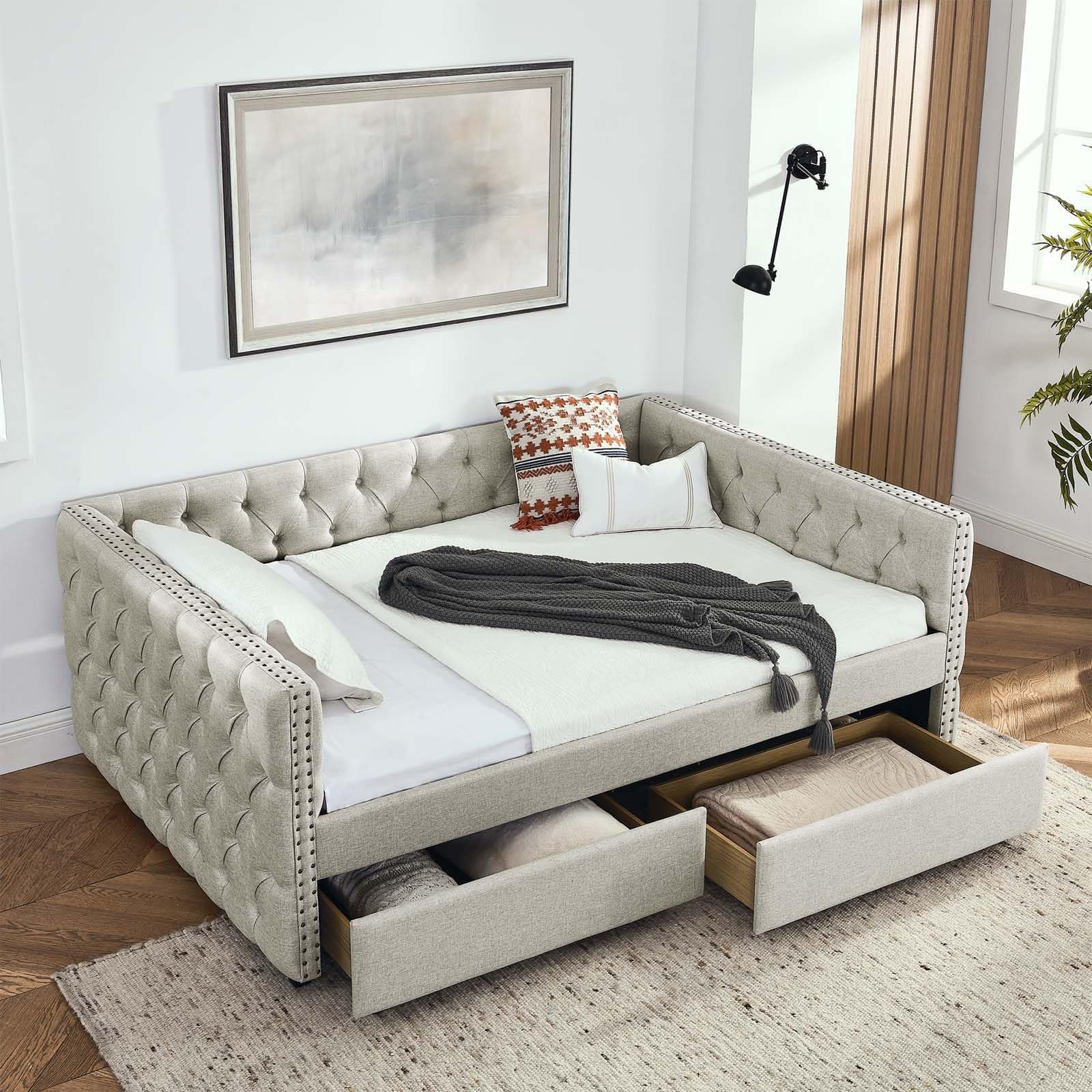 Antetek Upholstered Daybed with Drawers, Button Tufted Sofa Bed Frame, Beige