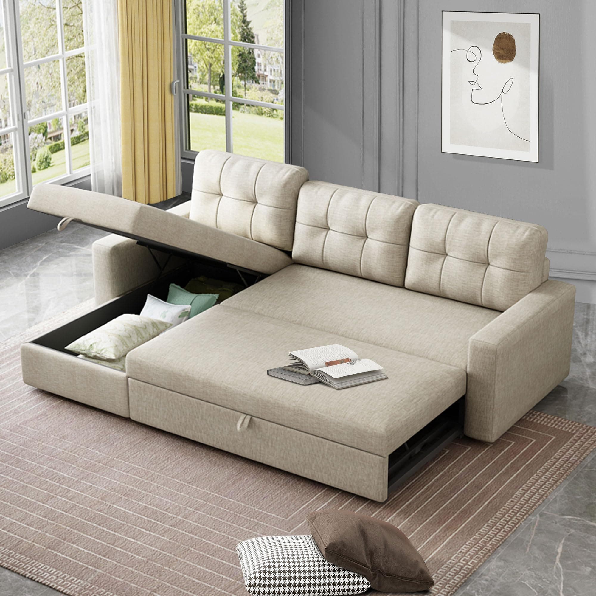 Beige L-Shaped Sleeper Sectional with Reversible Storage for Living Room & Apartment