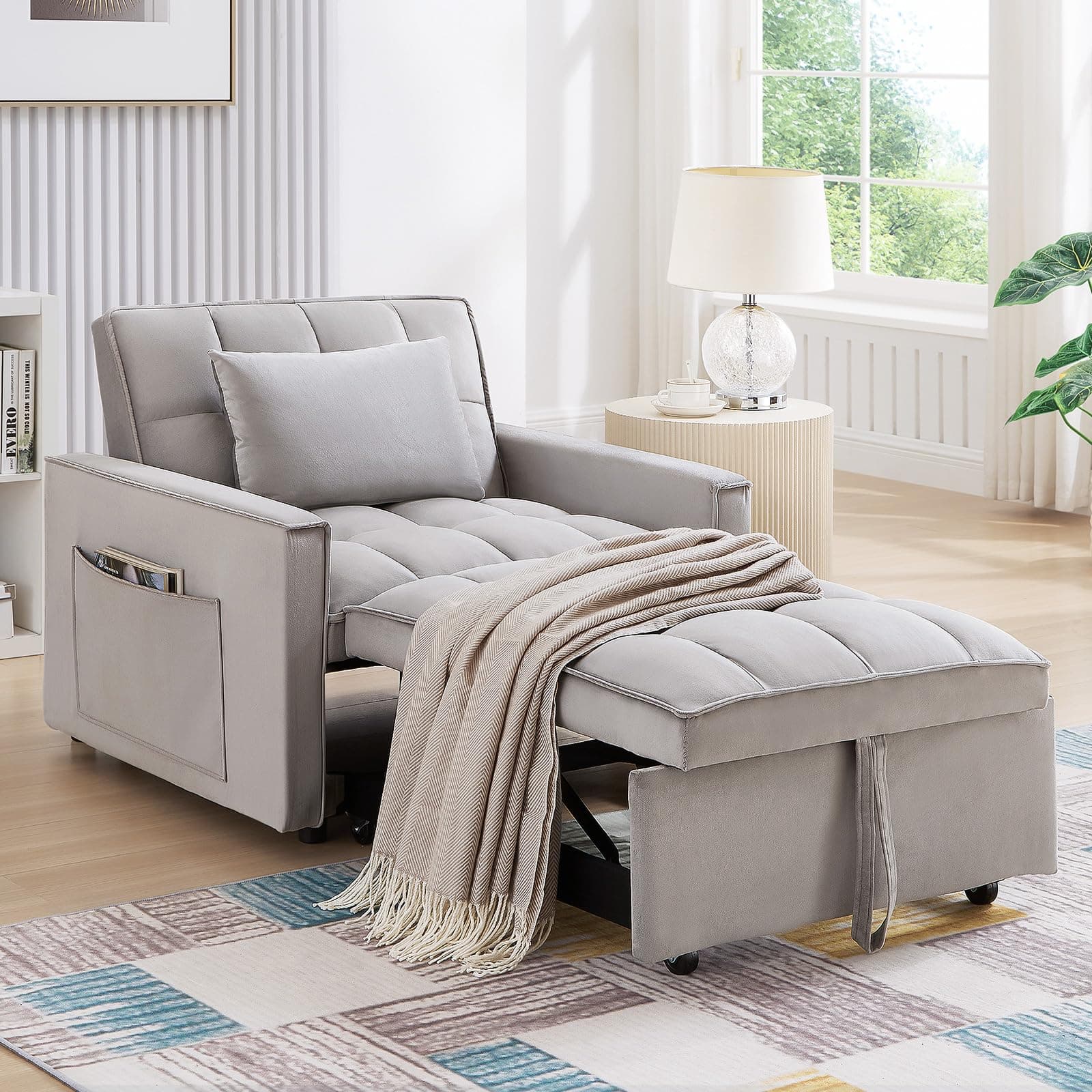 Grey Convertible Velvet Sleeper Sofa Chair Bed with Adjustable Backrest