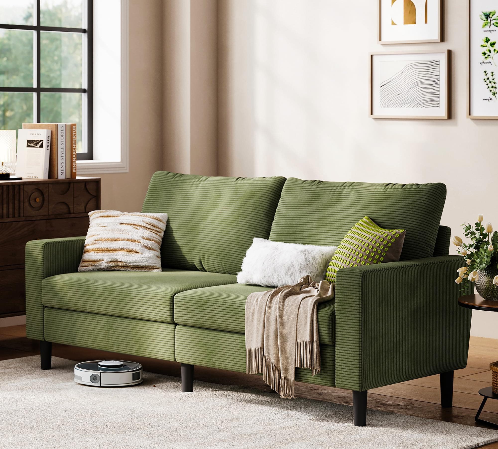 LINSY 79" Loveseat Sofa - Green Corduroy with Adjustable Seat and Spring Cushion