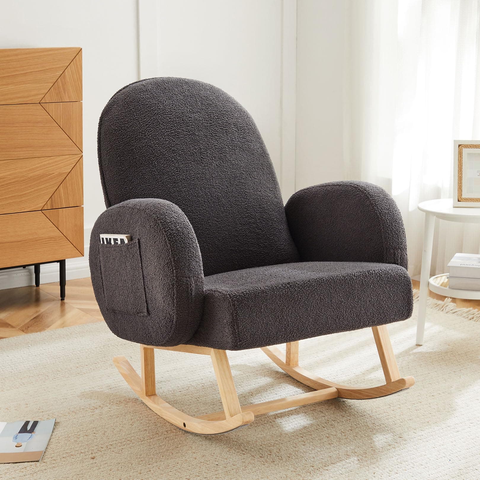 Rubber Wood Leg Rocking Chair with Side Pocket for Living Room, Bedroom, Nursery