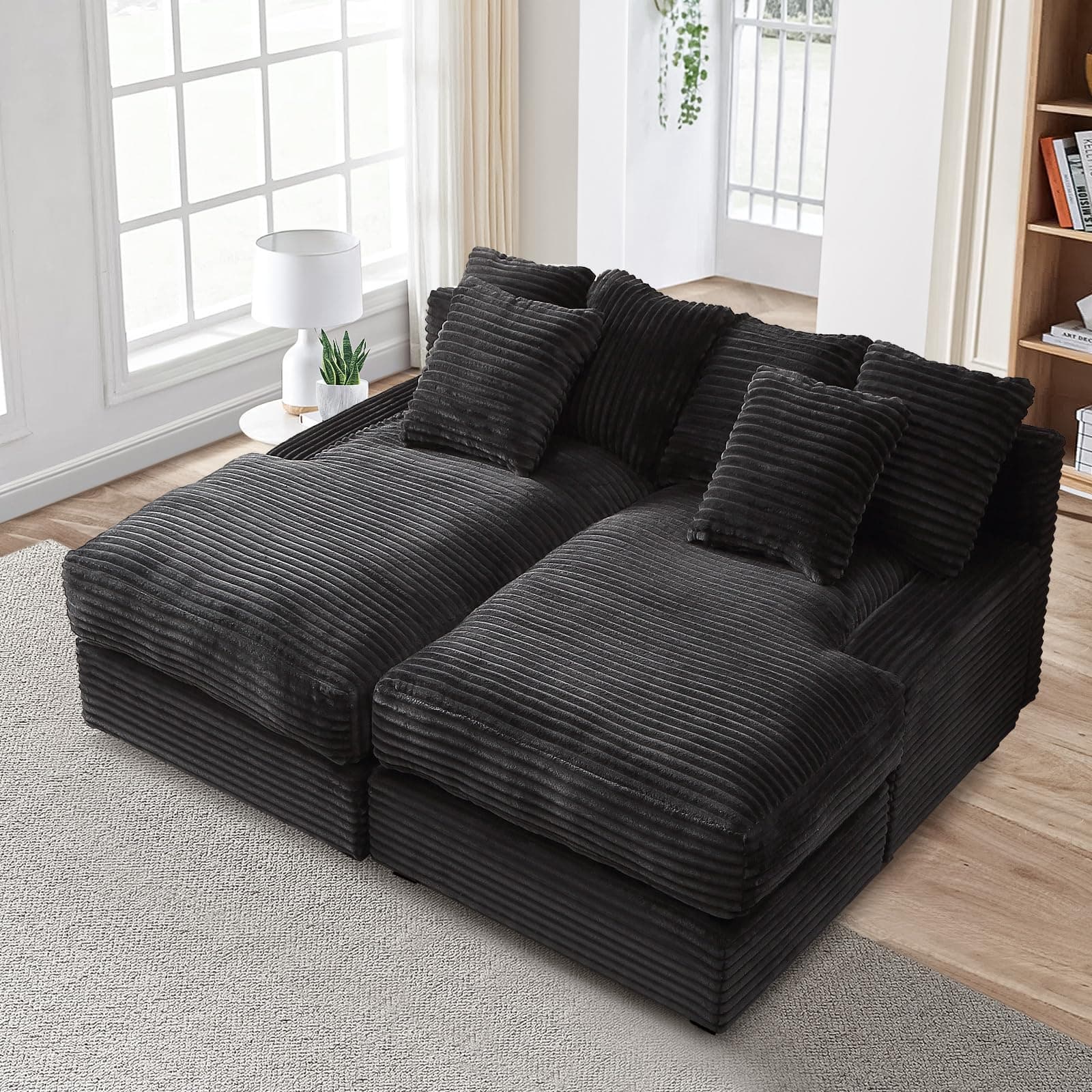 Antetek Black Corduroy Double Chaise Lounger Couch