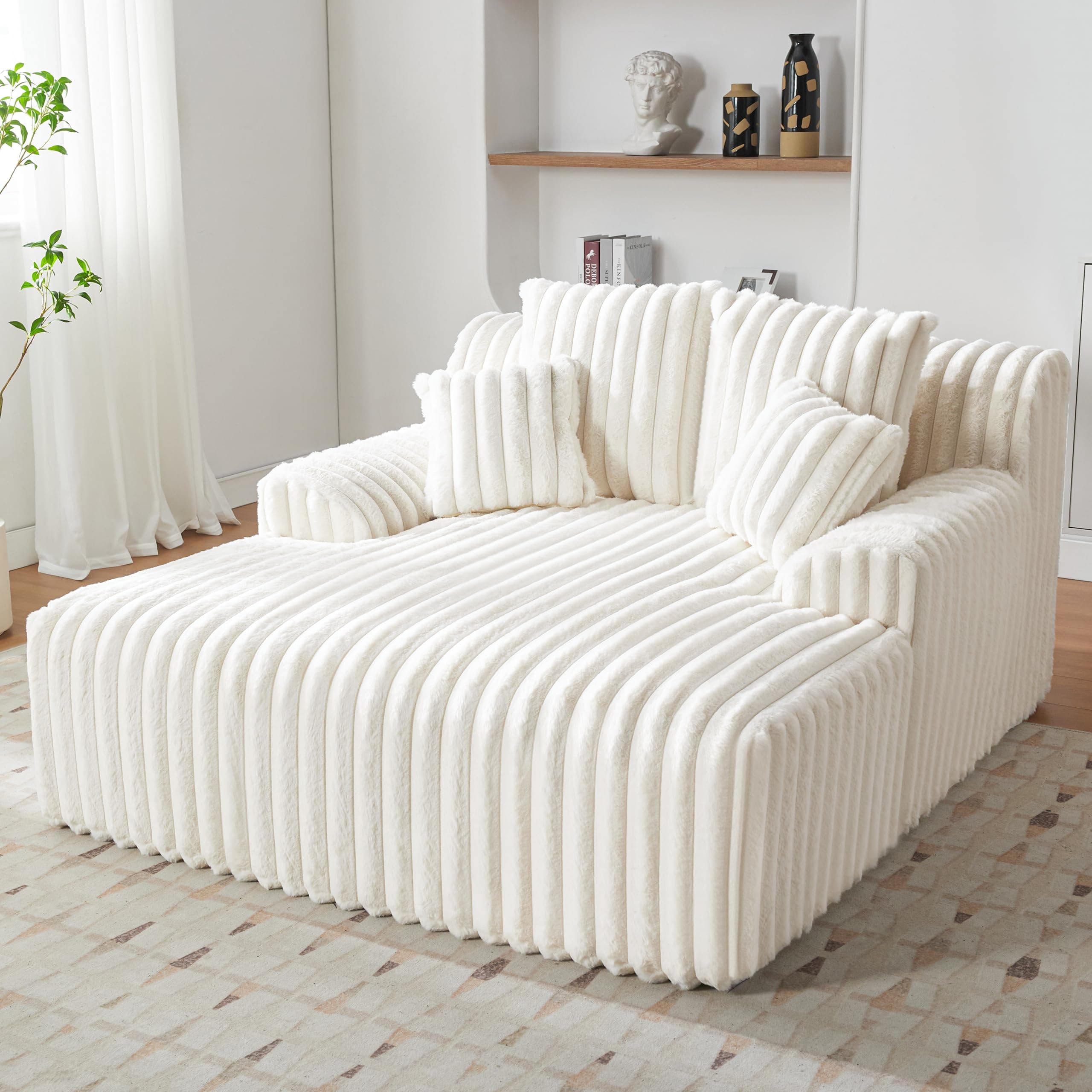 Beige 5|5" Oversized Chaise Lounge Chair with Wide Arms for Living Room, Comfy Sleeper Sofa with 4 Pillows, No Assembly Required Corduroy Couch