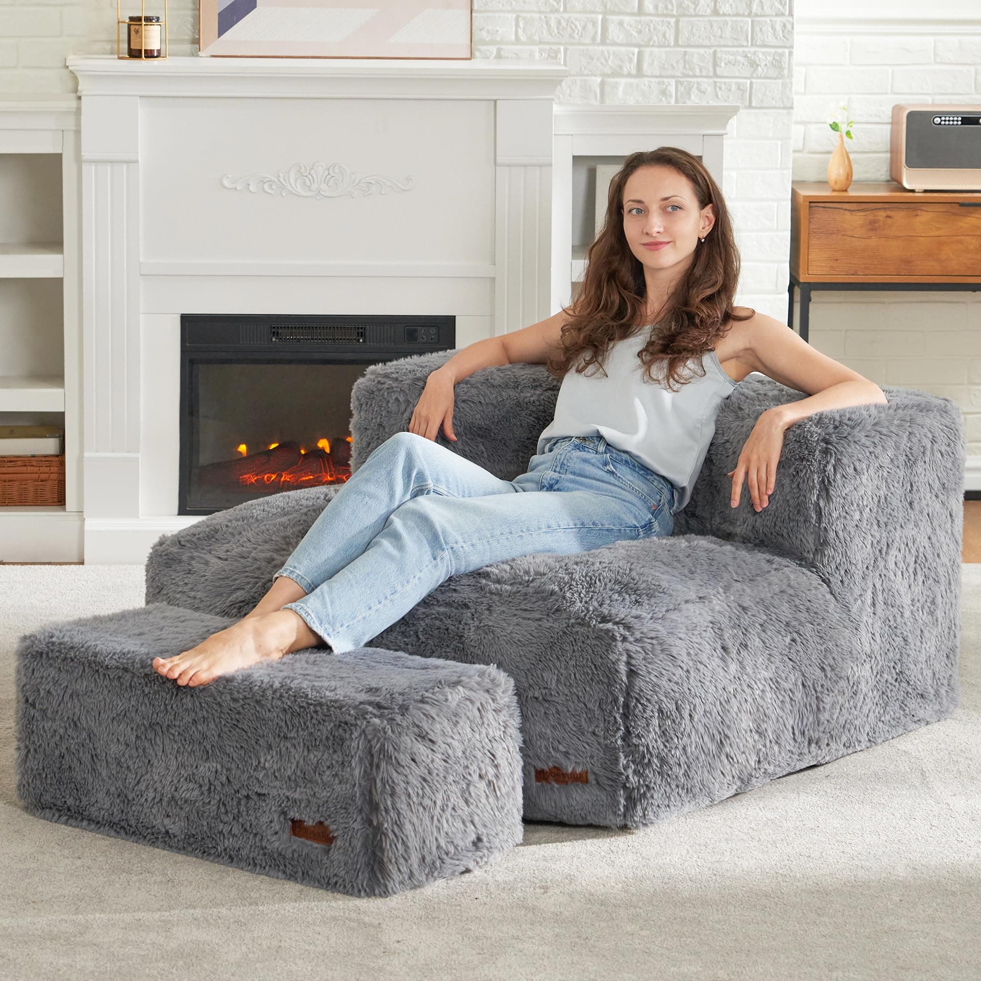 Hobestluk Grey Large Bean Bag Chair with Ottoman for Adults