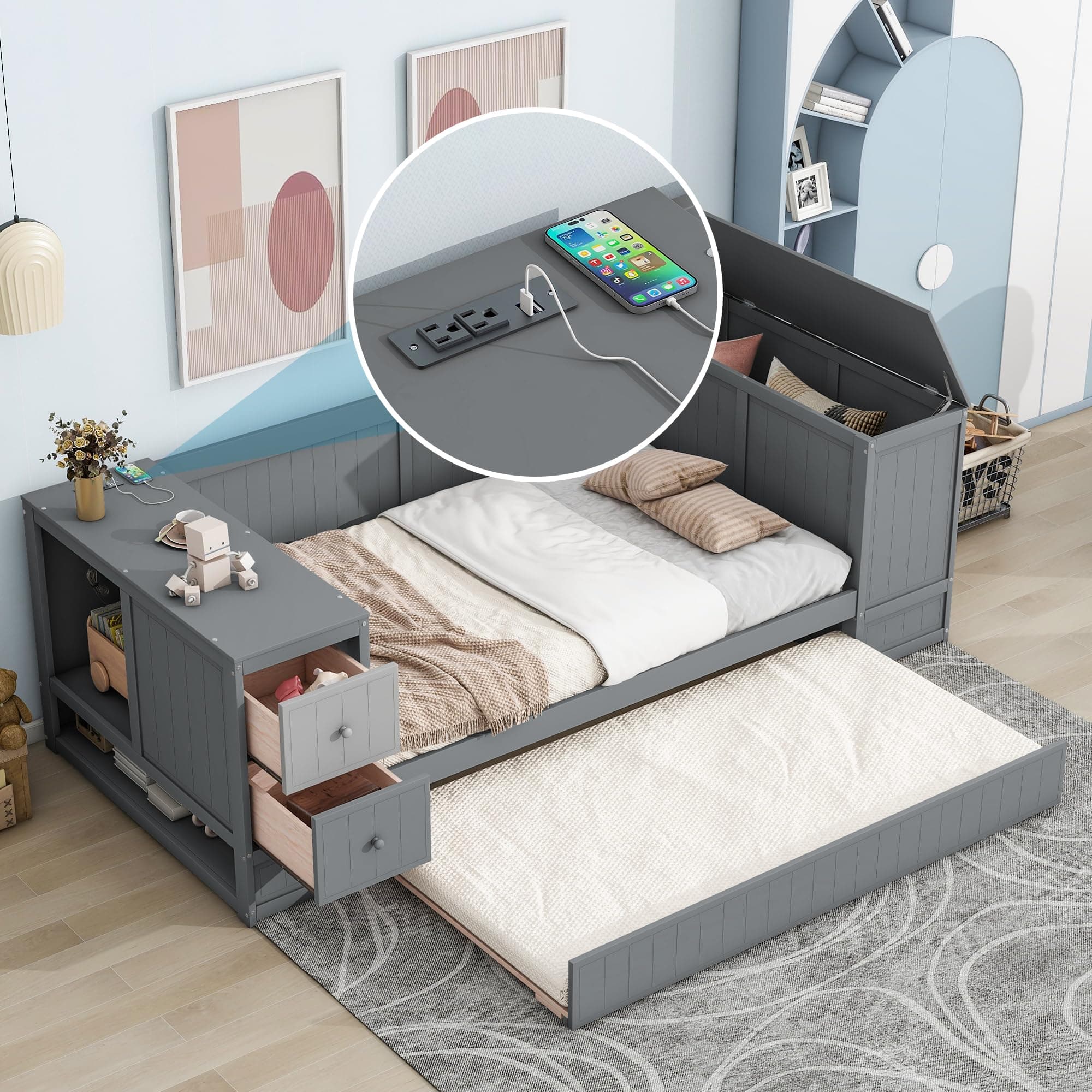 Harper & Bright Designs Gray Twin Daybed with Storage & Charging Station